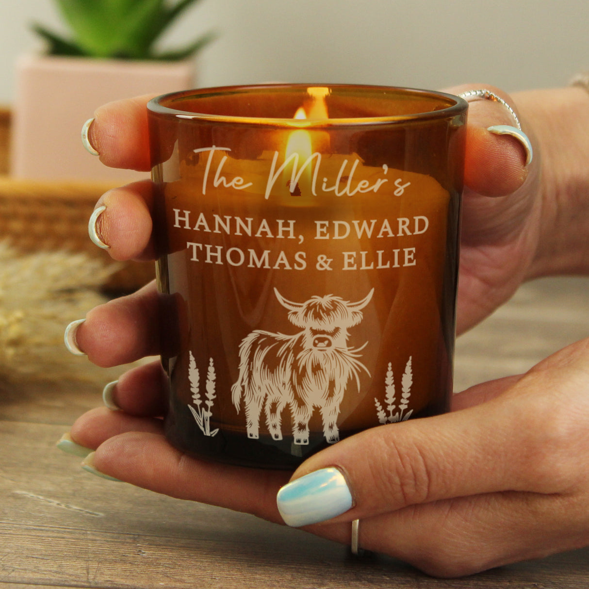 Personalised Engraved Highland Cow Amber Glass Candle - Shop At Gift Moments - 3