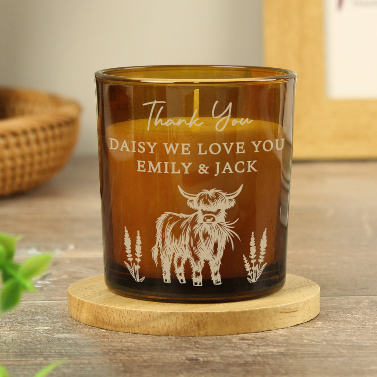 Personalised Engraved Highland Cow Amber Glass Candle - Shop At Gift Moments - 4