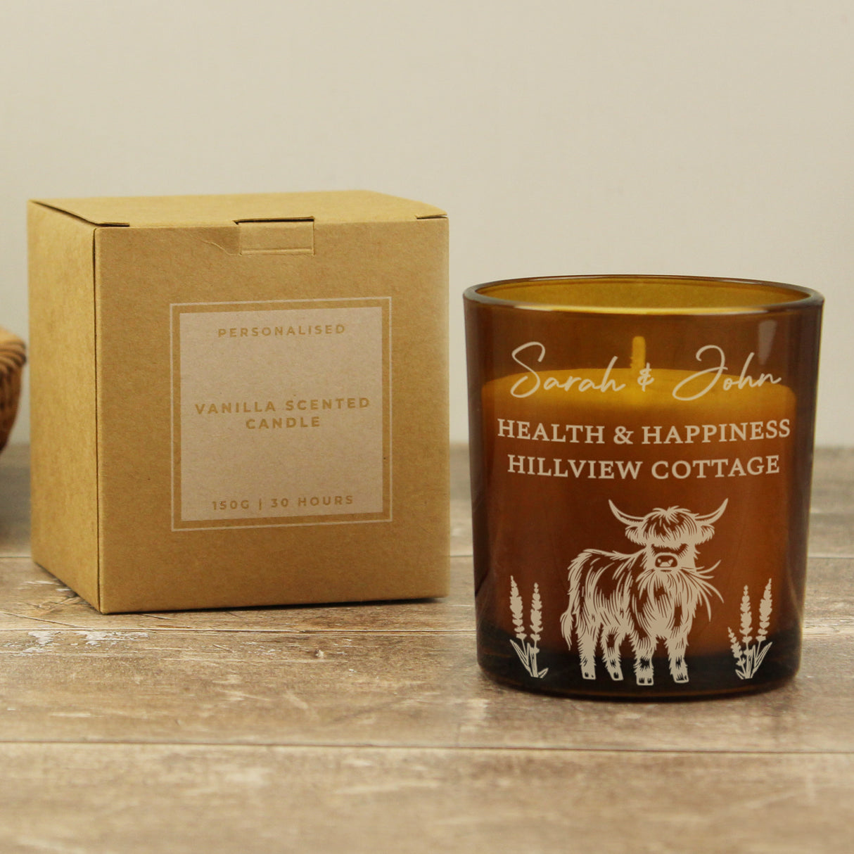 Personalised Engraved Highland Cow Amber Glass Candle - Shop At Gift Moments - 6