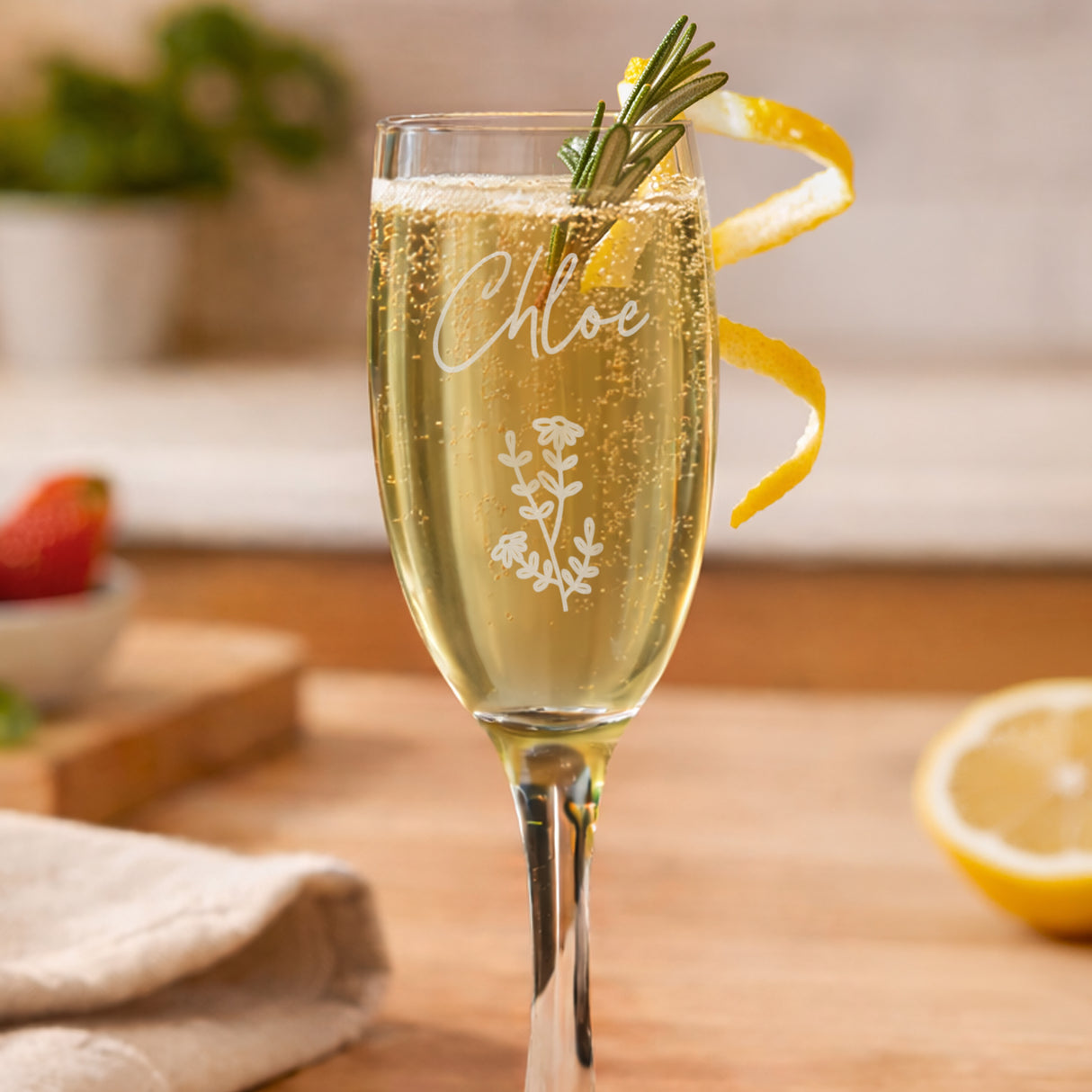 Personalised Flower Motif Flute Glass