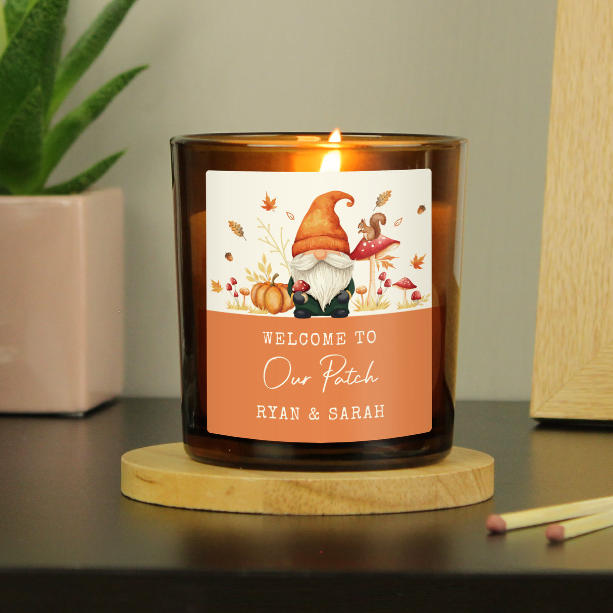 Personalised Autumn Gonk Amber Glass Candle - Shop At Gift Moments - 1