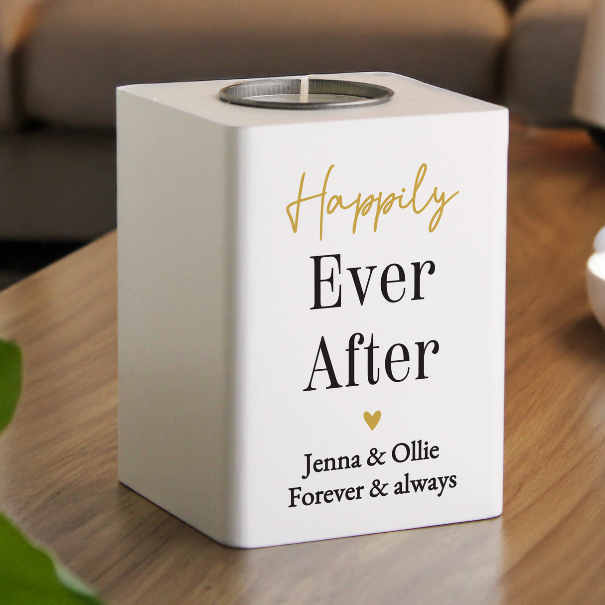 Personalised Black & Gold Free Text White Wooden Tealight - Shop Candle Holders At Gift Moments - 1