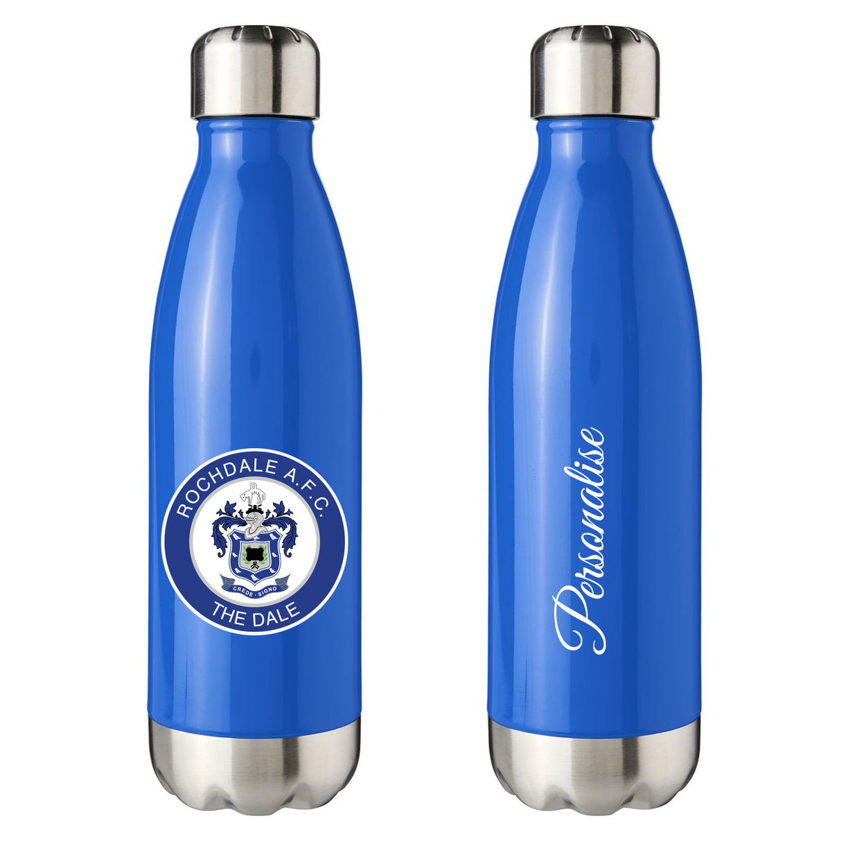 Personalised Rochdale AFC Crest Blue Insulated Water Bottle