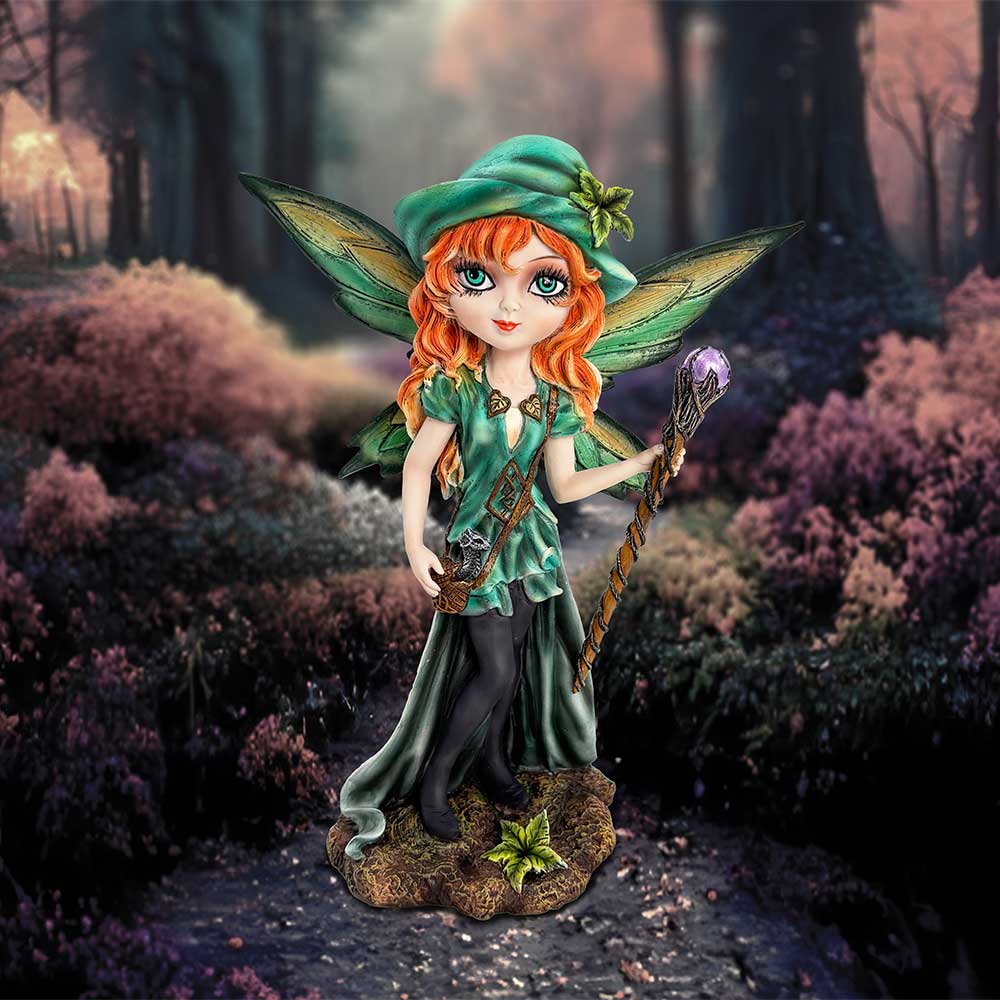 Forest Fae Fairy with Jewel Staff and Dragon Figurine: 1 - Figurines Medium (15-29cm) By NN Designs