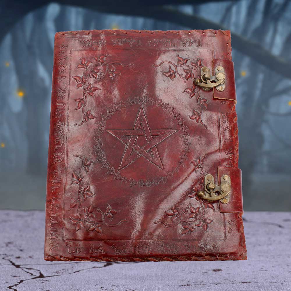 Large Lockable Red Leather Book of Shadow With Embossed Floral Pentagram. 35cm - Shop Leather Journals At Gift Moments