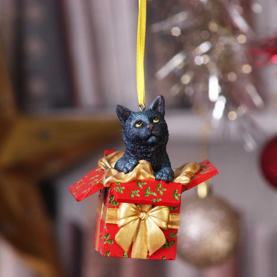 Lisa Parker Present Cat Hanging Ornament 9cm: 1 - Hanging Decorations By Lisa Parker