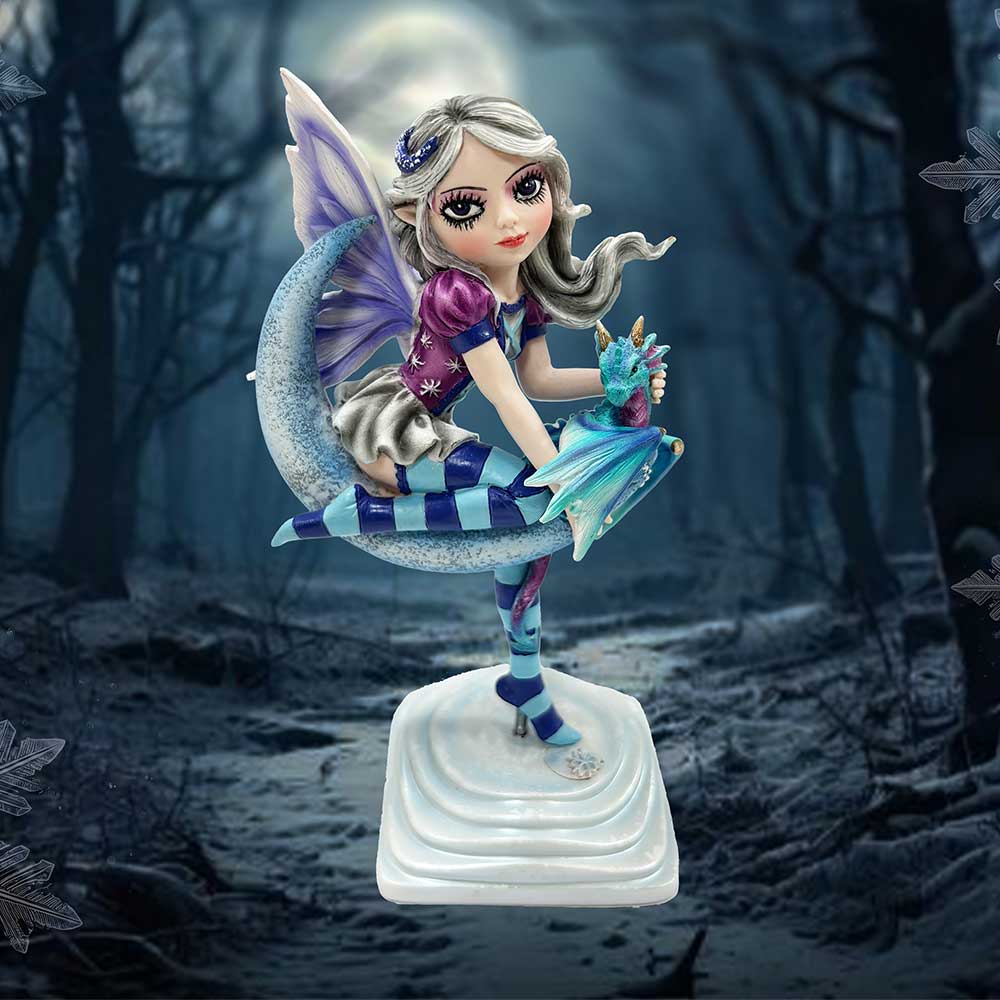 Lunar Fae Fairy Figurine with Dragon on Crescent Moon: 1 - Figurines Medium (15-29cm) By NN Designs