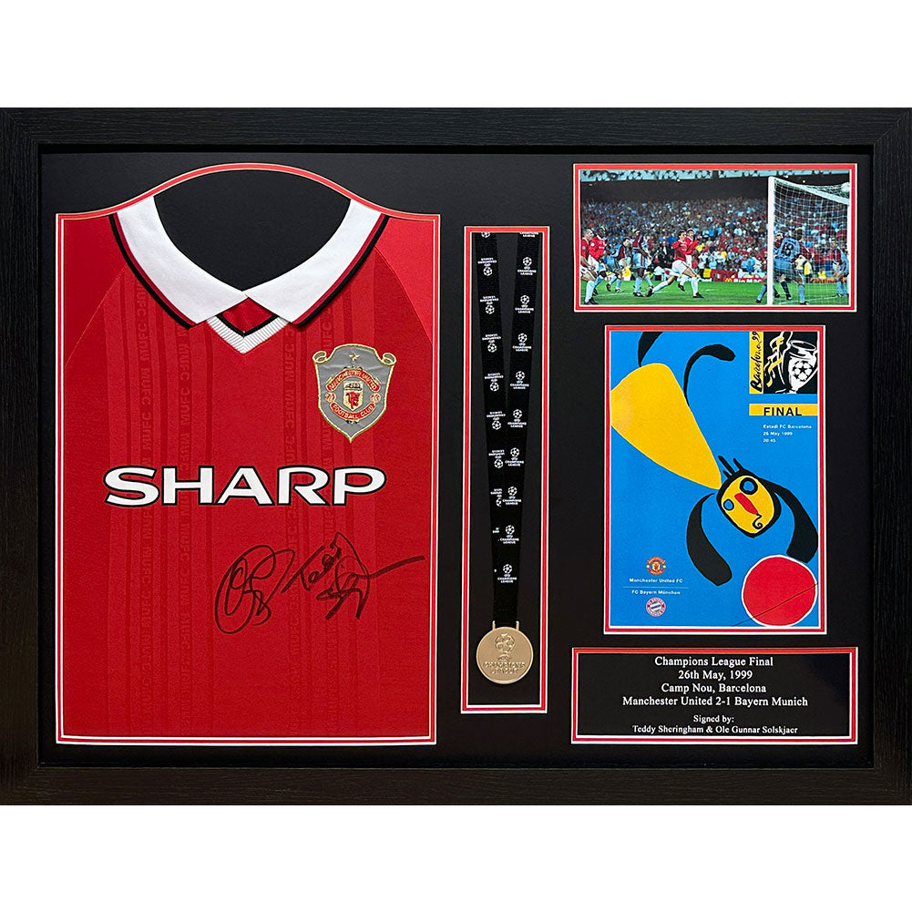 Manchester United FC 1999 Solskjaer & Sheringham Signed Shirt & Medal (Framed): 1 - Signed Memorabilia By Manchester