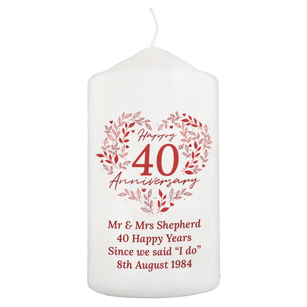 Personalised 40th Ruby Wedding Anniversary Pillar Candle: 5 - Candles By Gift Moments