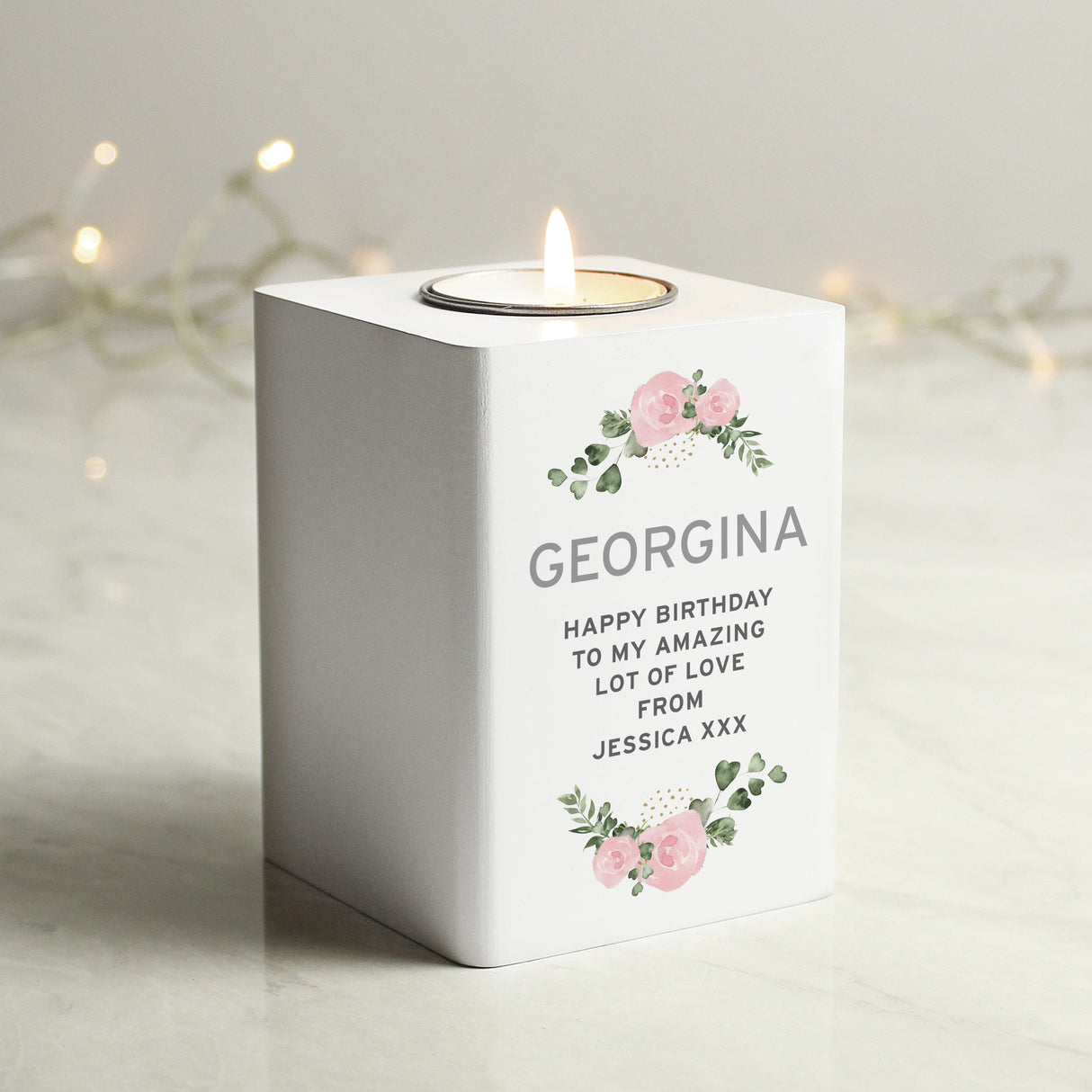 Personalised Abstract Rose White Wooden Tea light Holder: 4 - Candle Holders By Gift Moments