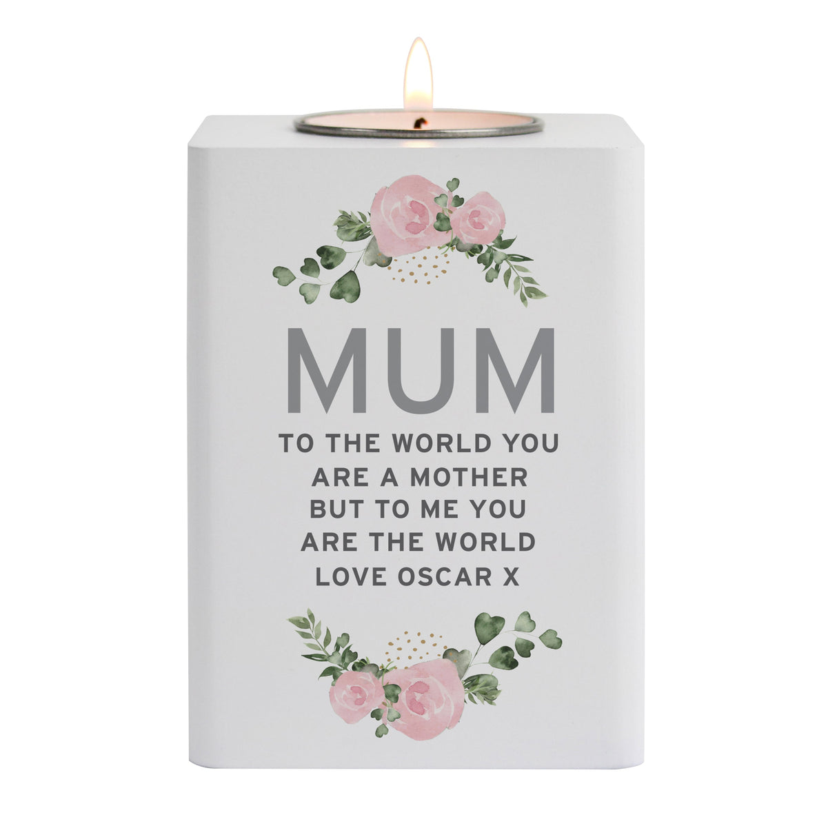 Personalised Abstract Rose White Wooden Tea light Holder: 5 - Candle Holders By Gift Moments