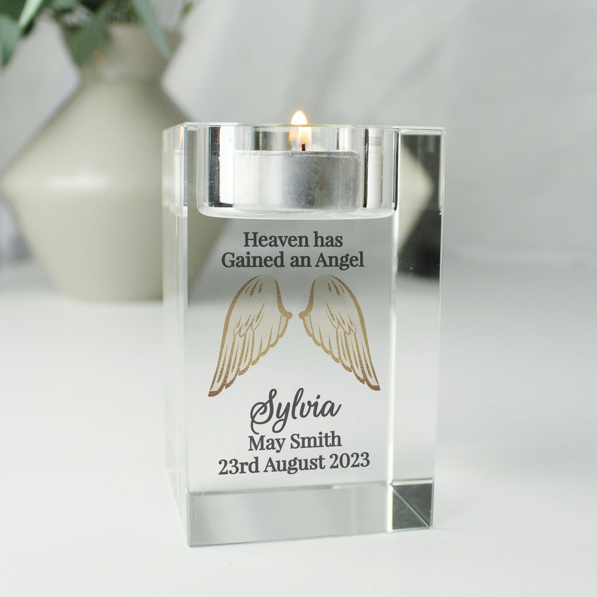 Personalised Angel Wings Memorial Glass Tealight Holder: 1 - Candle Holders By Gift Moments