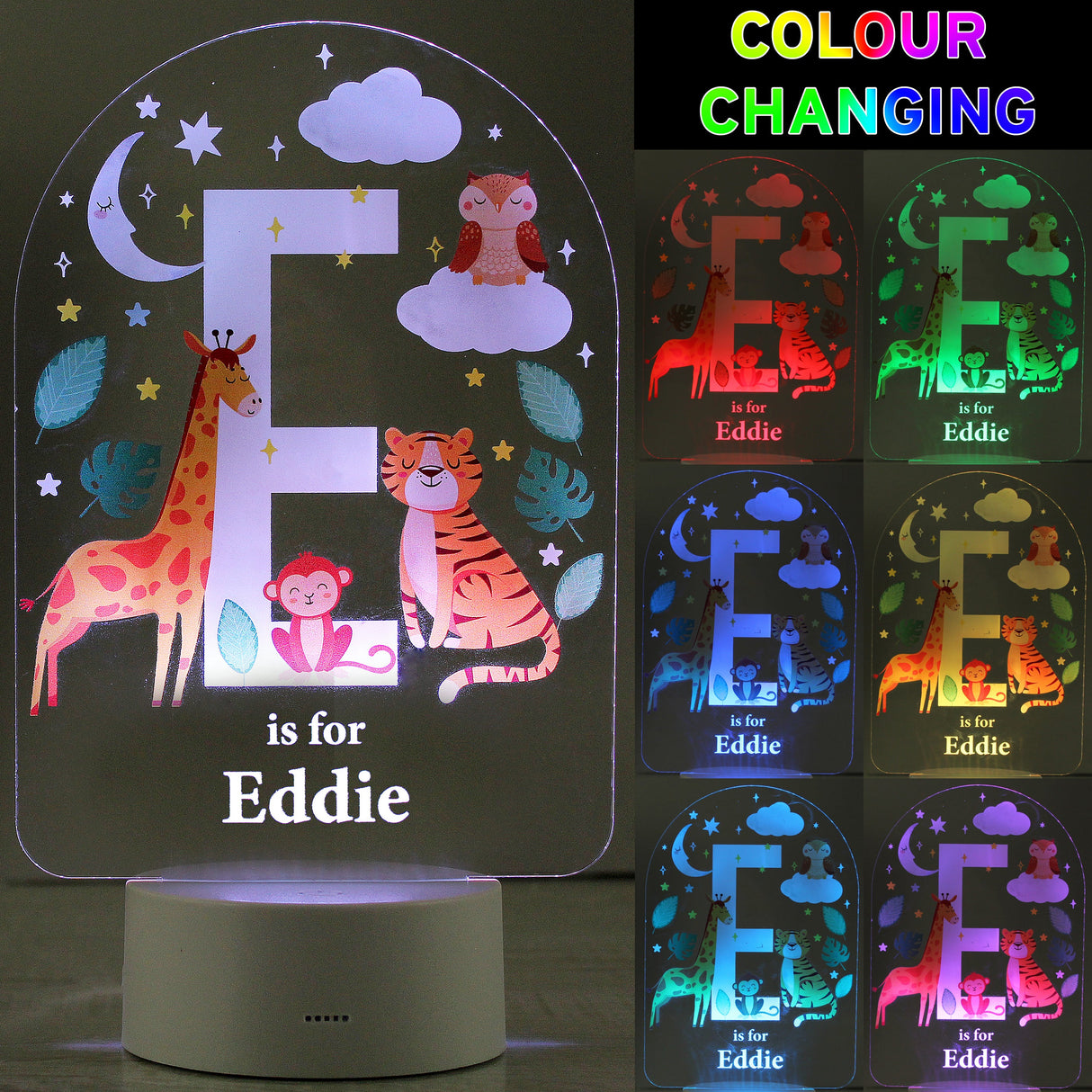 Personalised Animal Alphabet LED Colour Changing Night Light: 3 - LED Lighting By Gift Moments