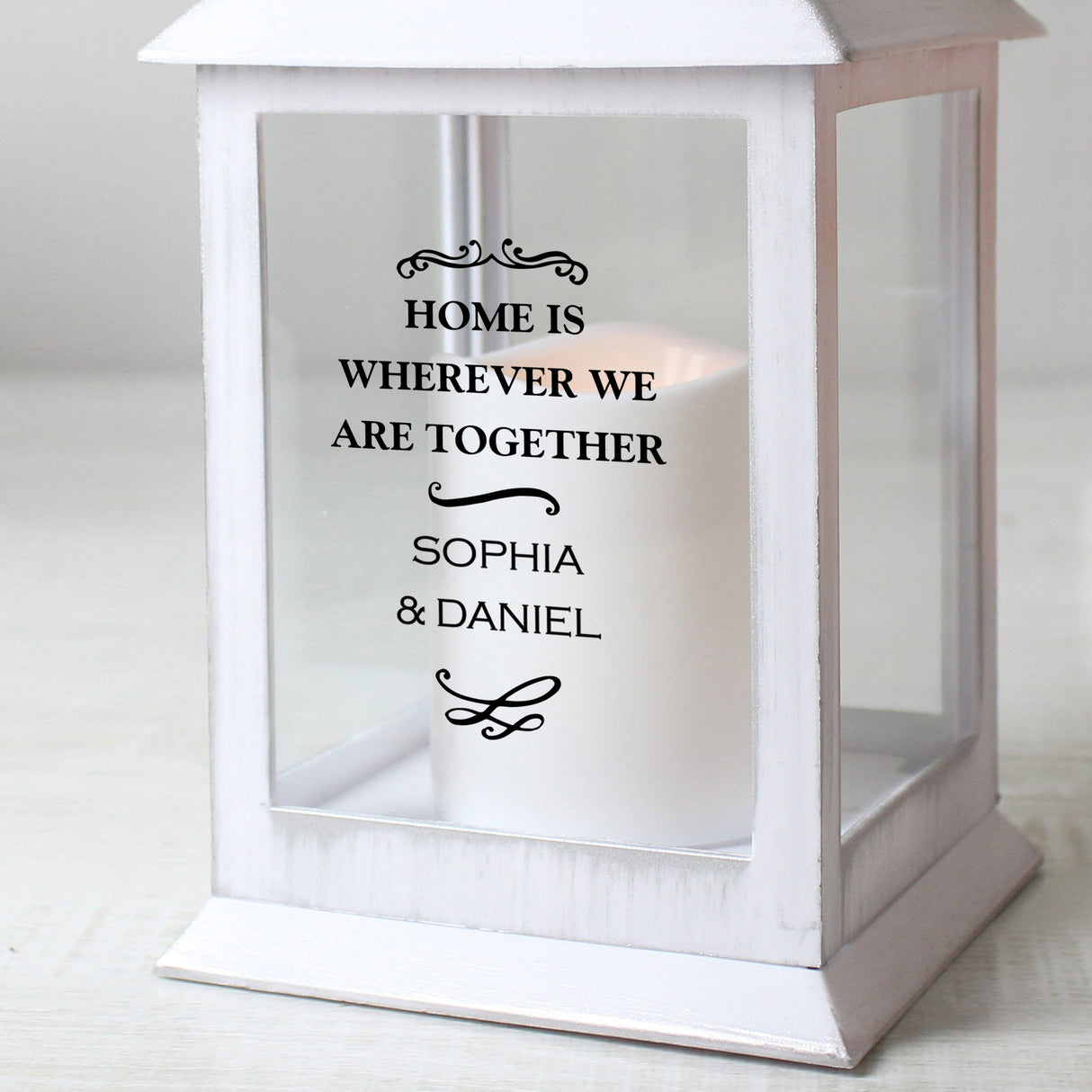 Personalised Antique Scroll White Lantern: 4 - LED Lighting By Gift Moments