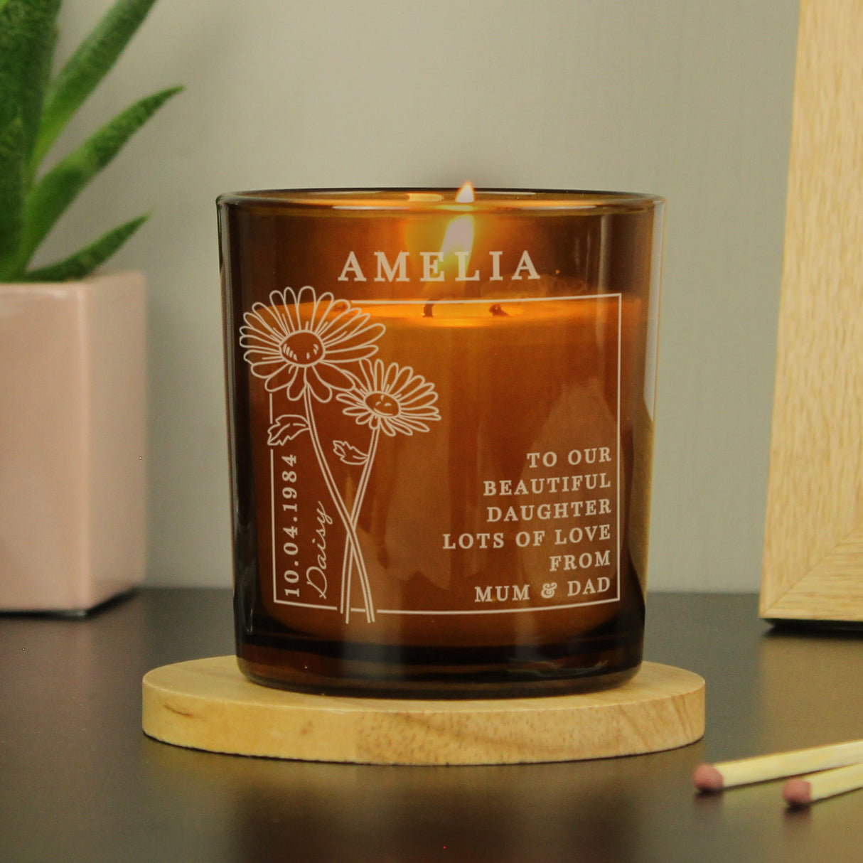 Personalised April Birth Flower Amber Glass Candle: 1 - Candles By Gift Moments
