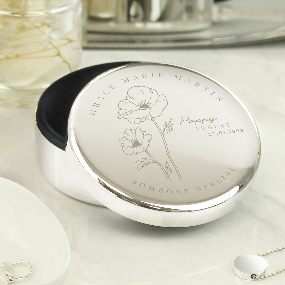 Personalised August Birth Flower Round Trinket Box - Shop Trinket Boxes At Gift Moments - 3