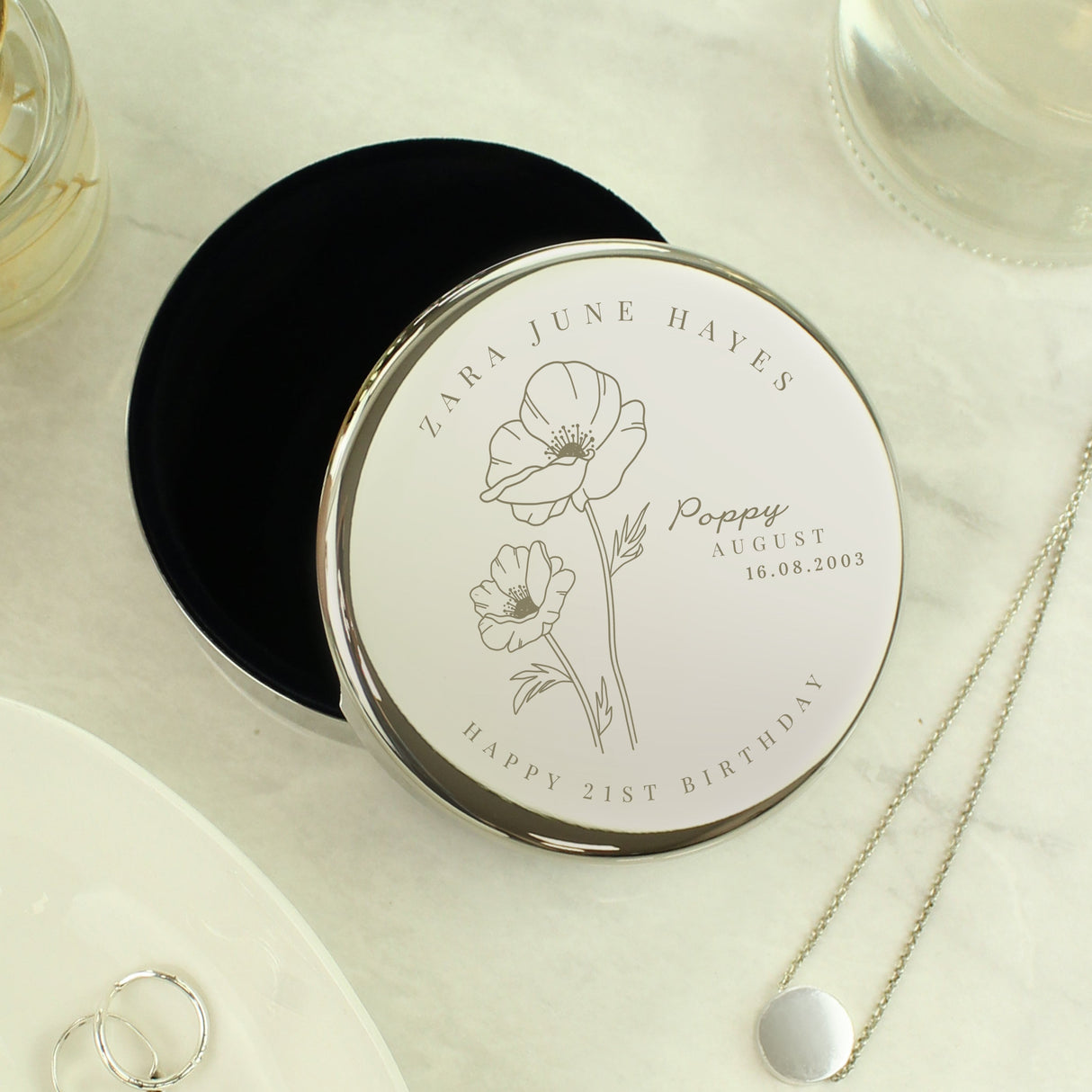 Personalised August Birth Flower Round Trinket Box - Shop Trinket Boxes At Gift Moments - 2
