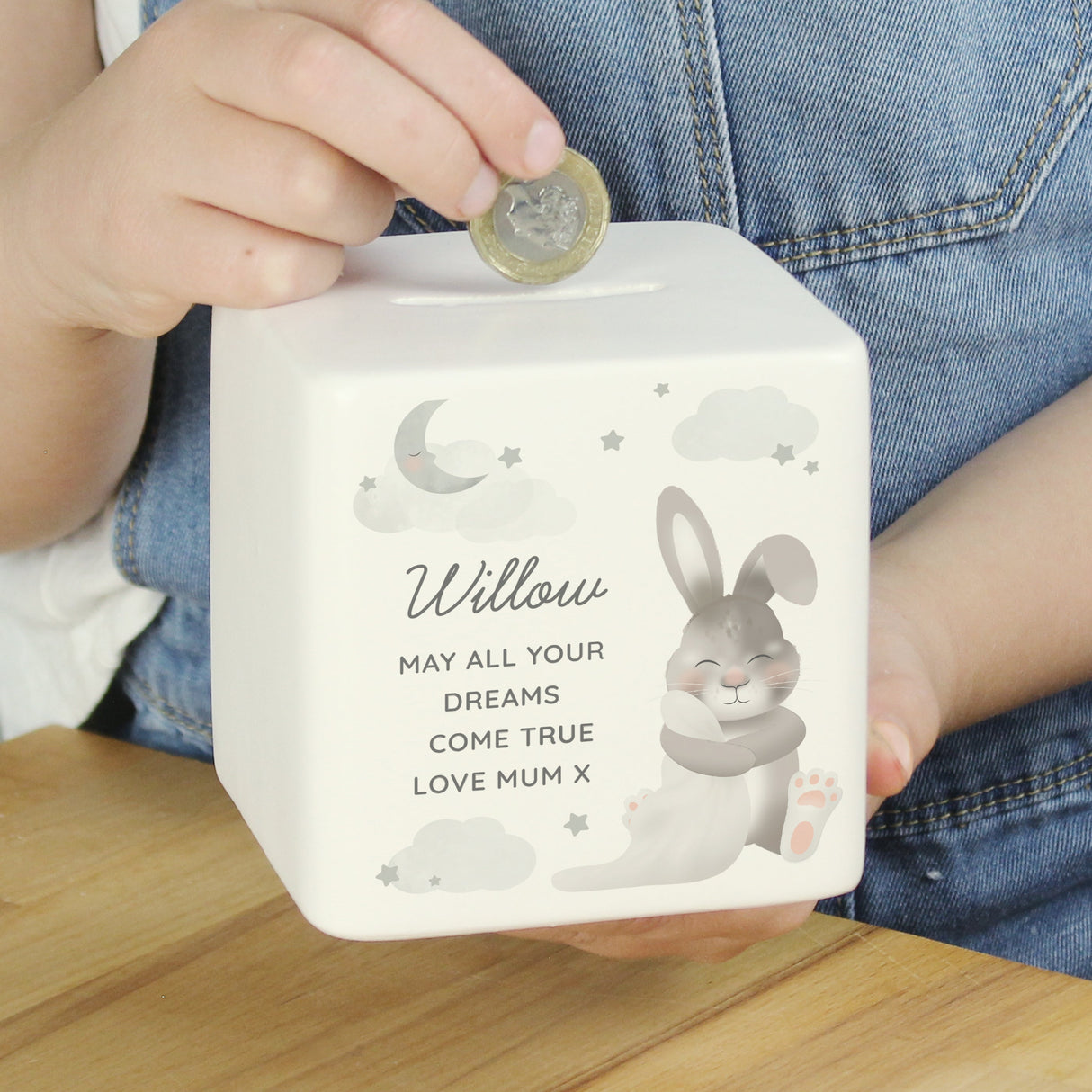 Personalised Baby Bunny Ceramic Square Money Box: 2 - Money Boxes By Gift Moments