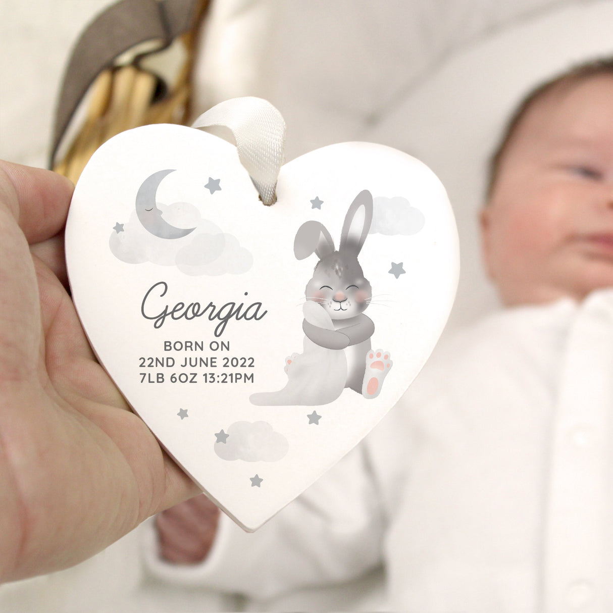 Personalised Baby Bunny Wooden Heart Decoration: 1 - Decorations By Gift Moments
