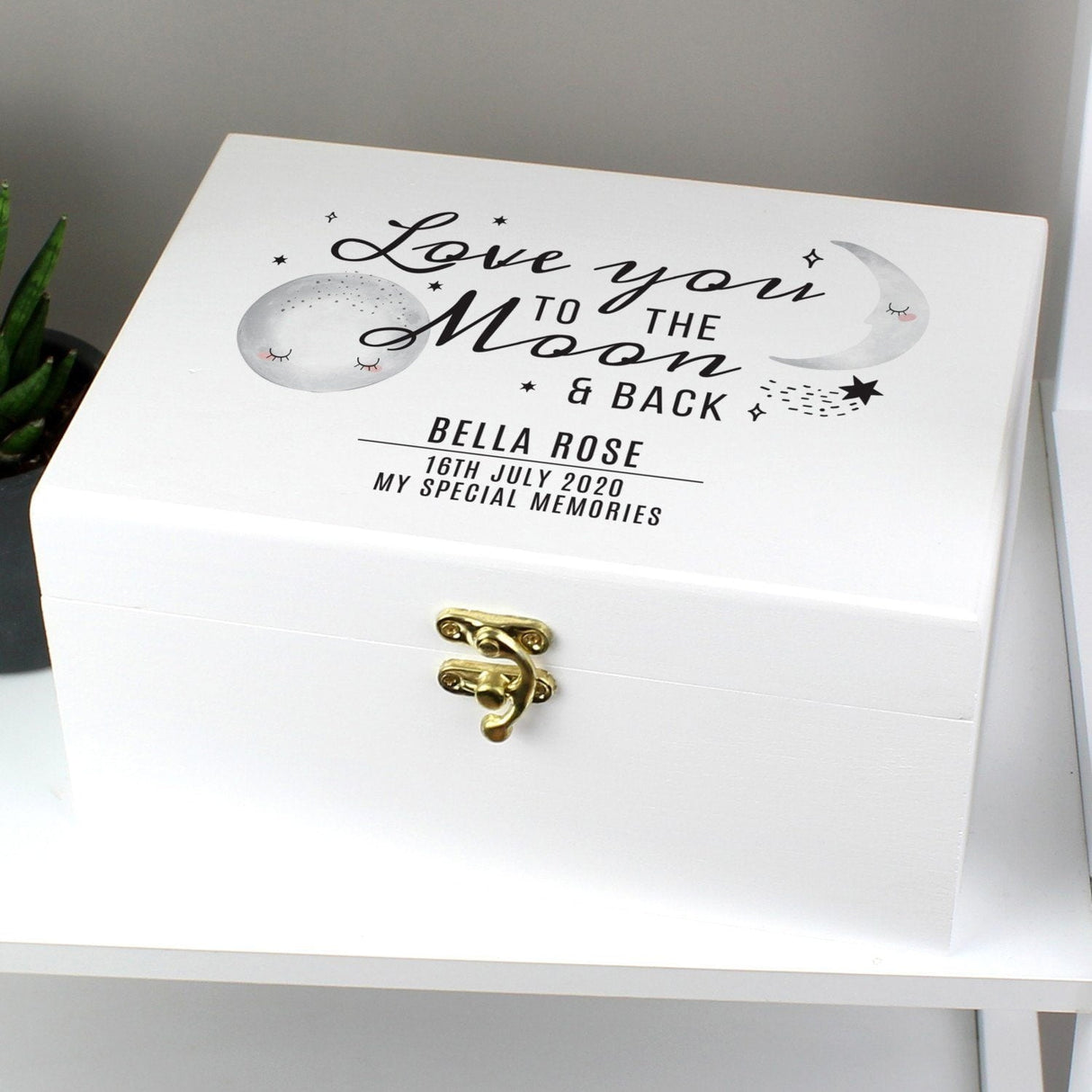 Personalised Baby To The Moon and Back White Wooden Keepsake Box - Shop Keepsake Boxes At Gift Moments - 1