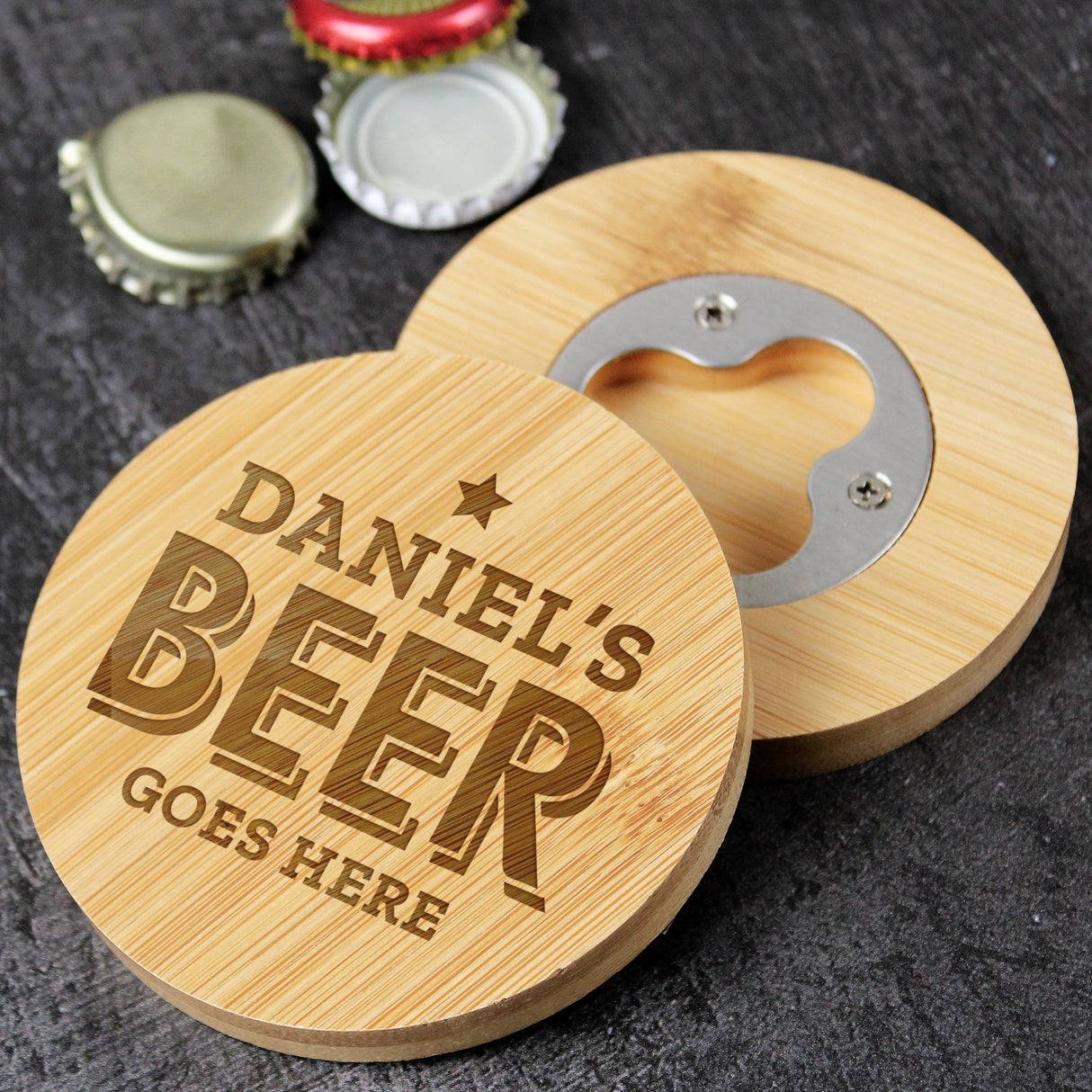 Personalised Beer Goes Here Bamboo Bottle Opener Coaster: 2 - Coasters By Gift Moments