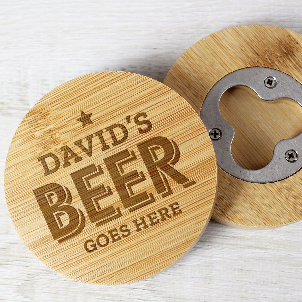 Personalised Beer Goes Here Bamboo Bottle Opener Coaster: 1 - Coasters By Gift Moments