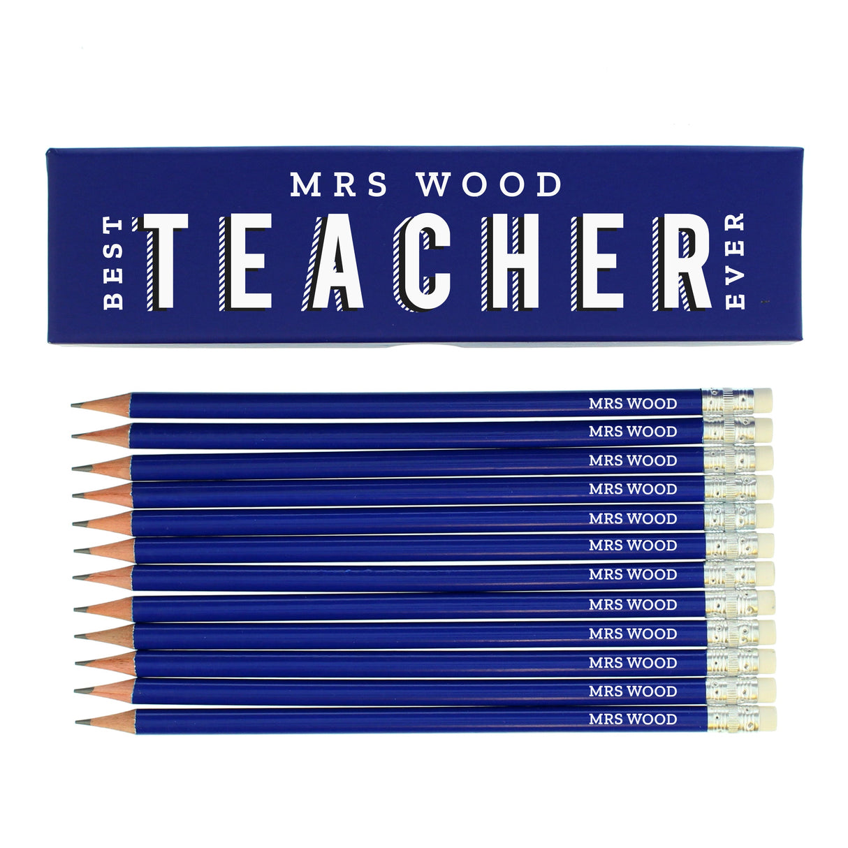Personalised Best Teacher Ever Box and 12 Blue HB Pencils: 2 - Pens & Pencils By Gift Moments