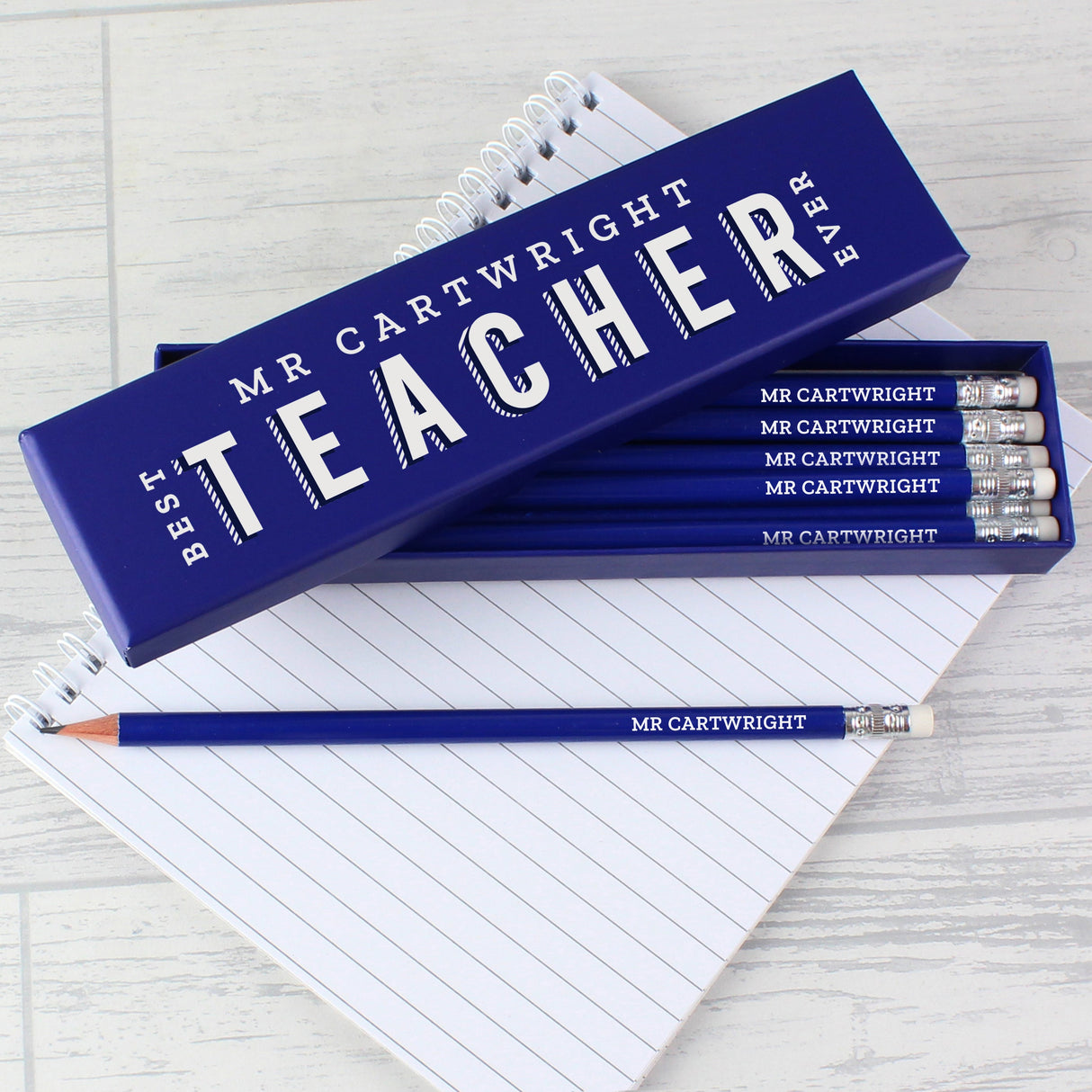 Personalised Best Teacher Ever Box and 12 Blue HB Pencils: 3 - Pens & Pencils By Gift Moments