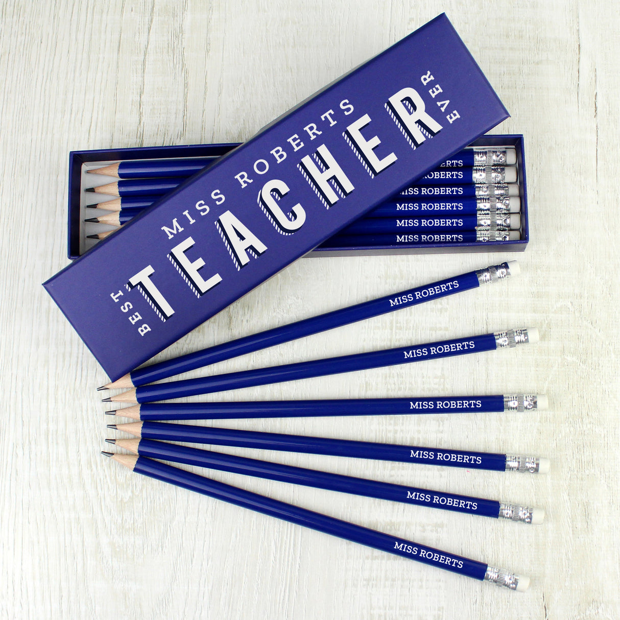 Personalised Best Teacher Ever Box and 12 Blue HB Pencils: 1 - Pens & Pencils By Gift Moments