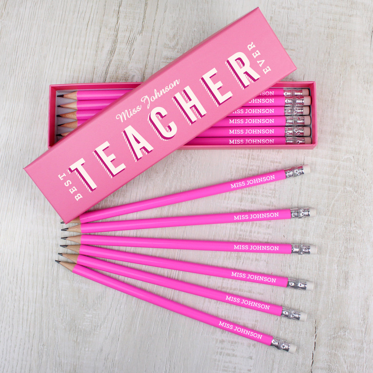 Personalised Best Teacher Ever Box and 12 Pink HB Pencils: 1 - Pens & Pencils By Gift Moments