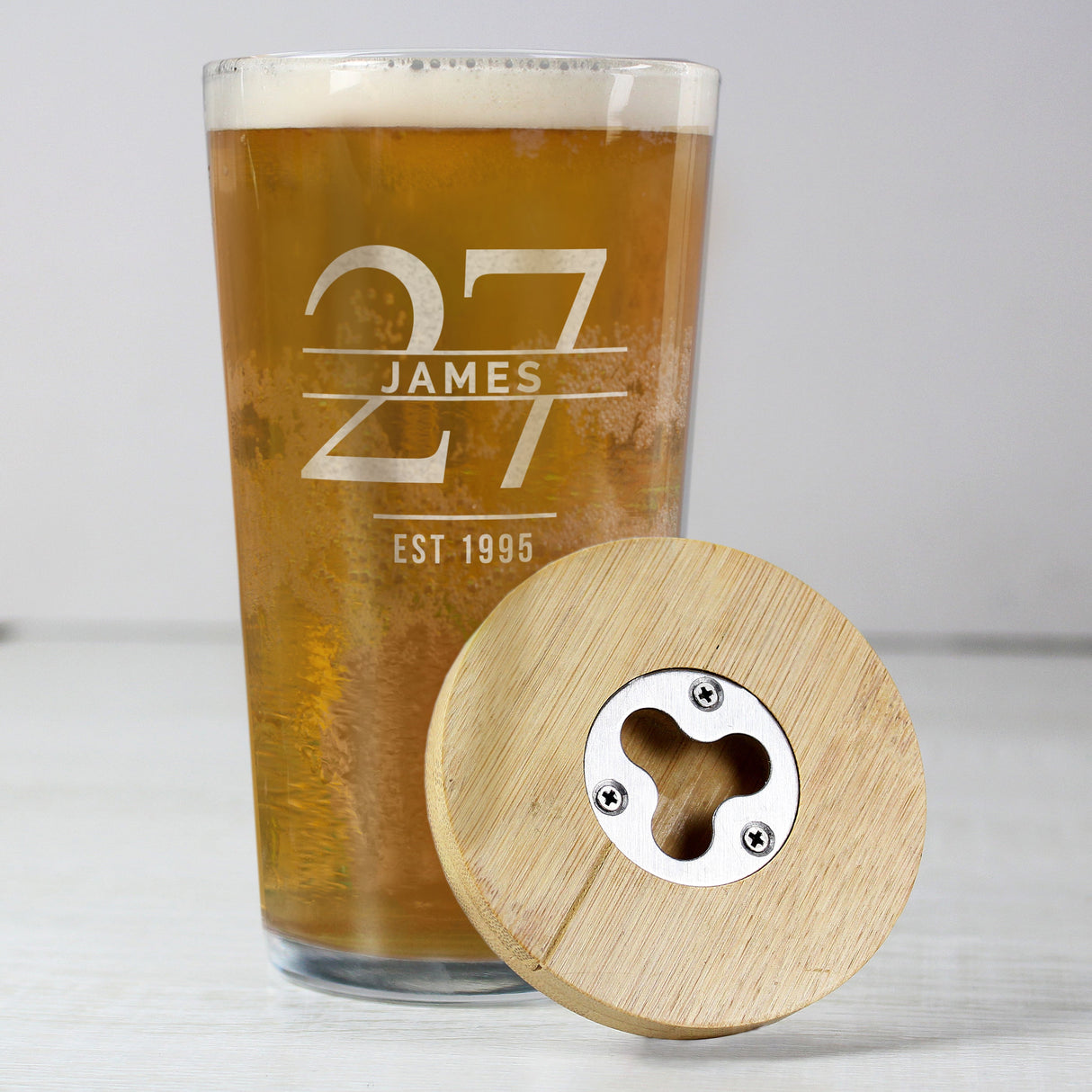 Personalised Big Age Bamboo Bottle Opener Coaster and Pint Glass Set - Shop Beer Glasses At Gift Moments - 2