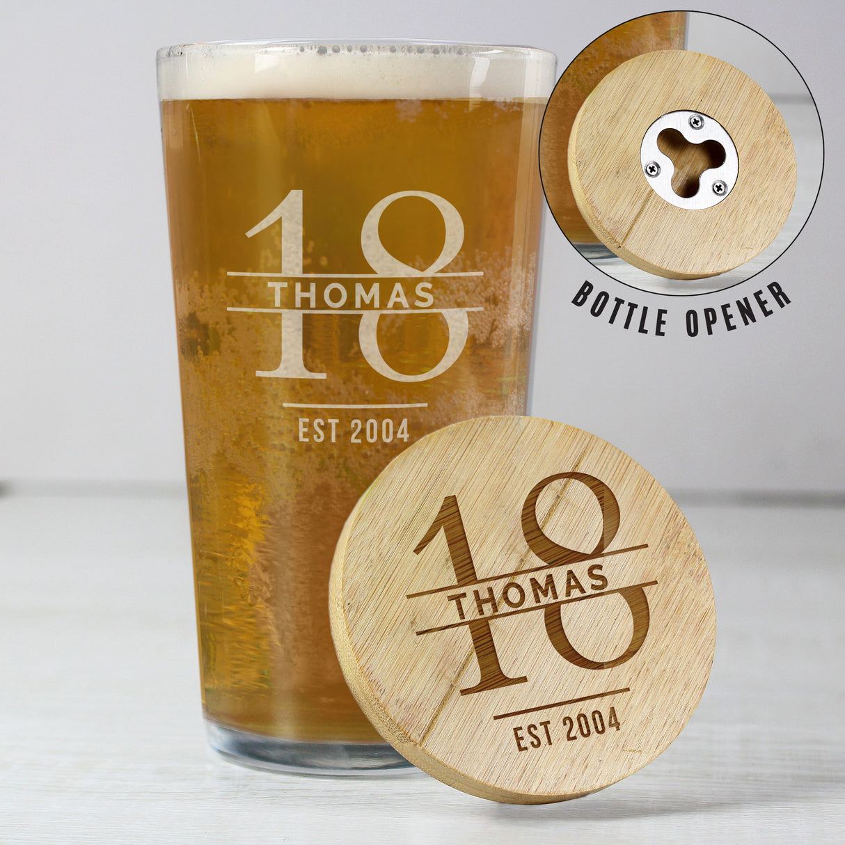 Personalised Big Age Bamboo Bottle Opener Coaster and Pint Glass Set - Shop Beer Glasses At Gift Moments - 3