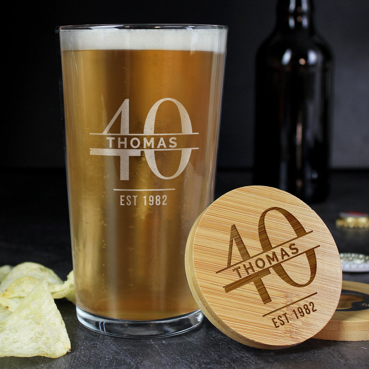 Personalised Big Age Bamboo Bottle Opener Coaster and Pint Glass Set - Shop Beer Glasses At Gift Moments - 1