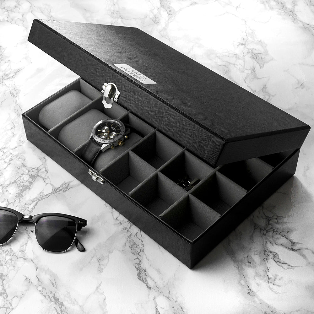 Personalised Black Leather Watch & Cufflink Box: 1 - Jewellery Boxes By Gift Moments