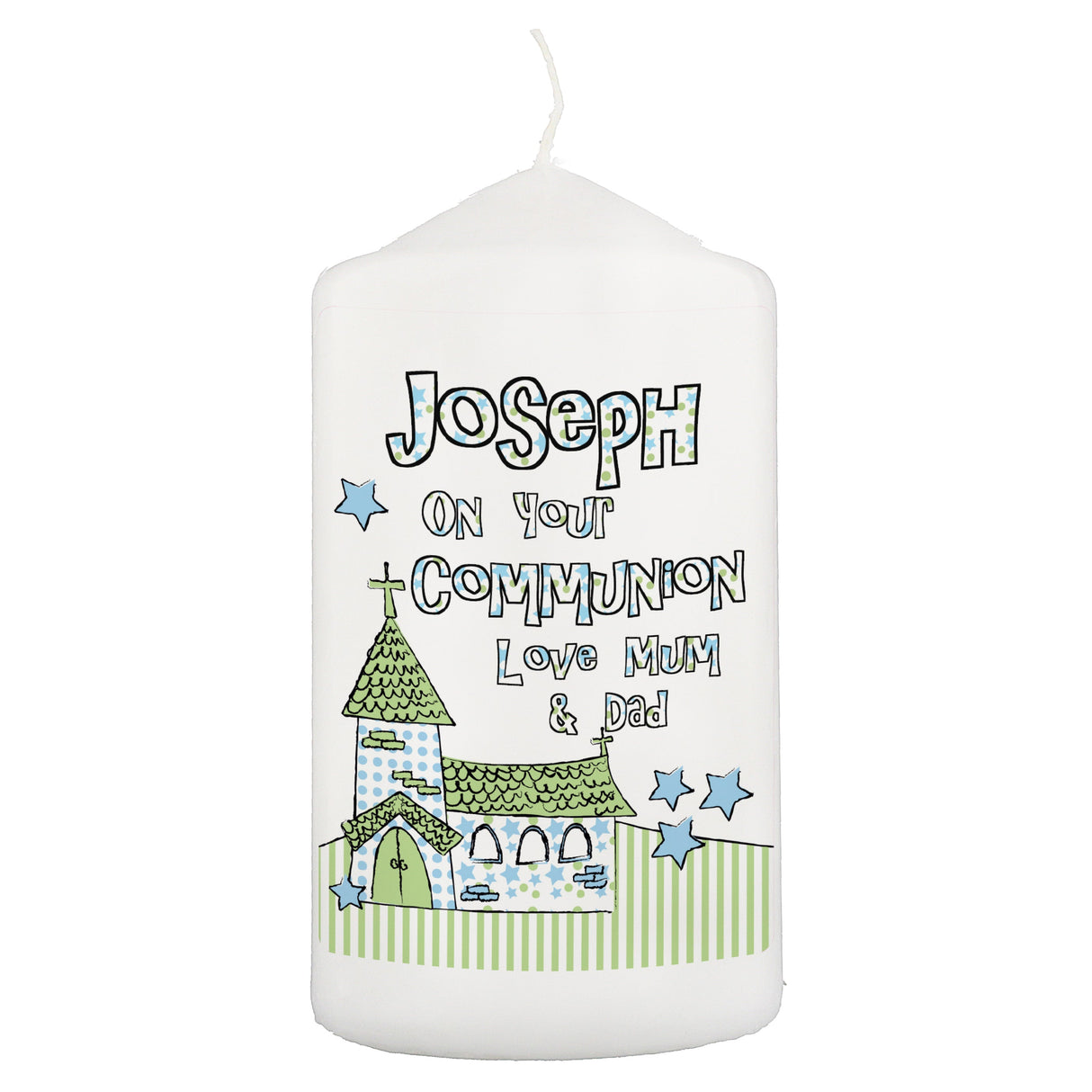 Personalised Blue Church Pillar Candle: 2 - Candles By Gift Moments