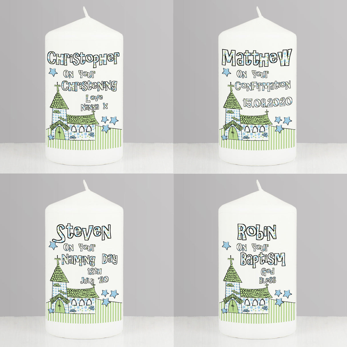 Personalised Blue Church Pillar Candle: 3 - Candles By Gift Moments