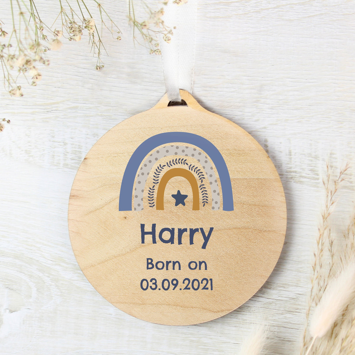 Personalised Blue Rainbow Round Wooden Decoration - Shop Decorations At Gift Moments - 1