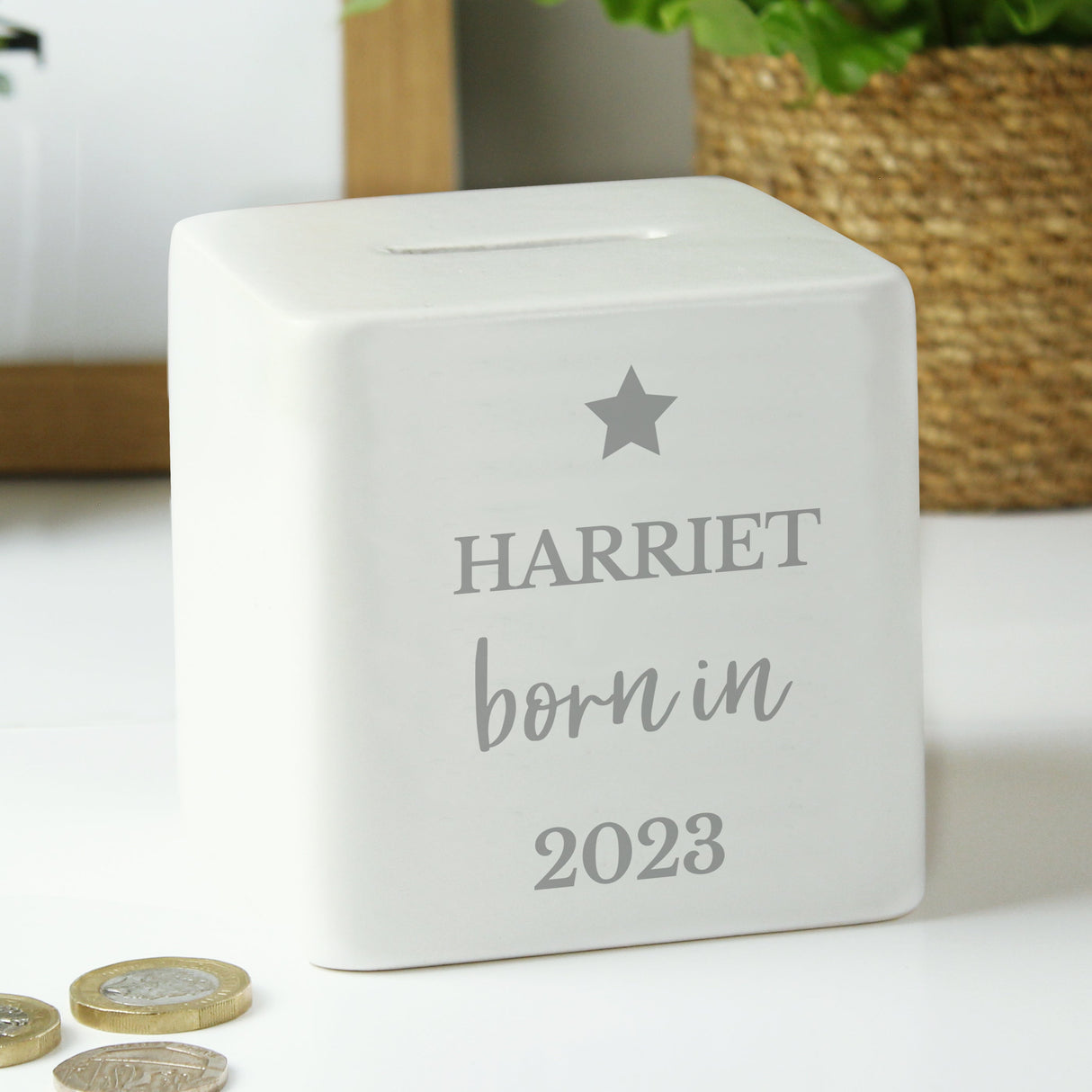 Personalised Born in Money Box: 2 - Money Boxes By Gift Moments