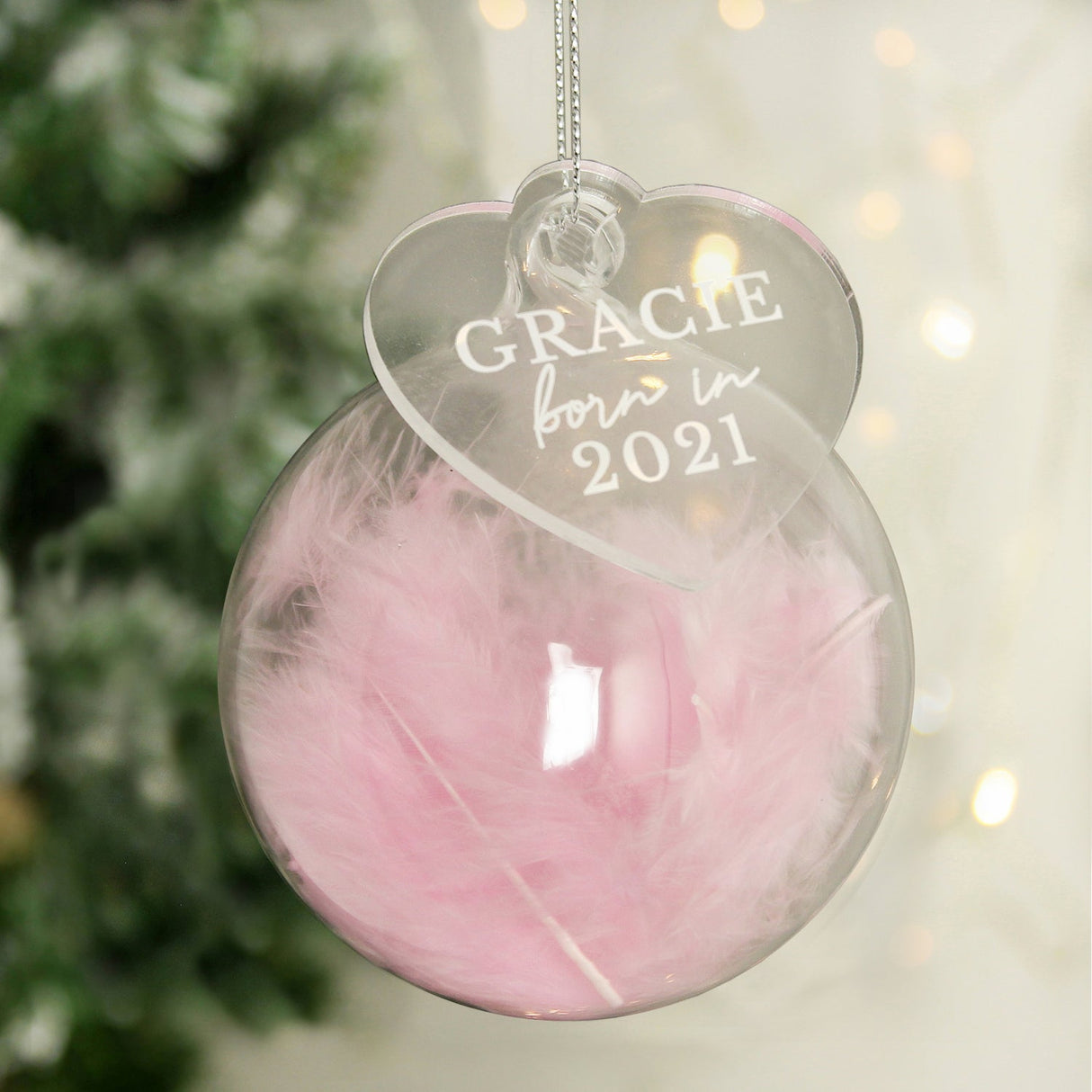 Personalised Born In Pink Feather Glass Bauble With Heart Tag: 2 - Christmas Baubles By Gift Moments