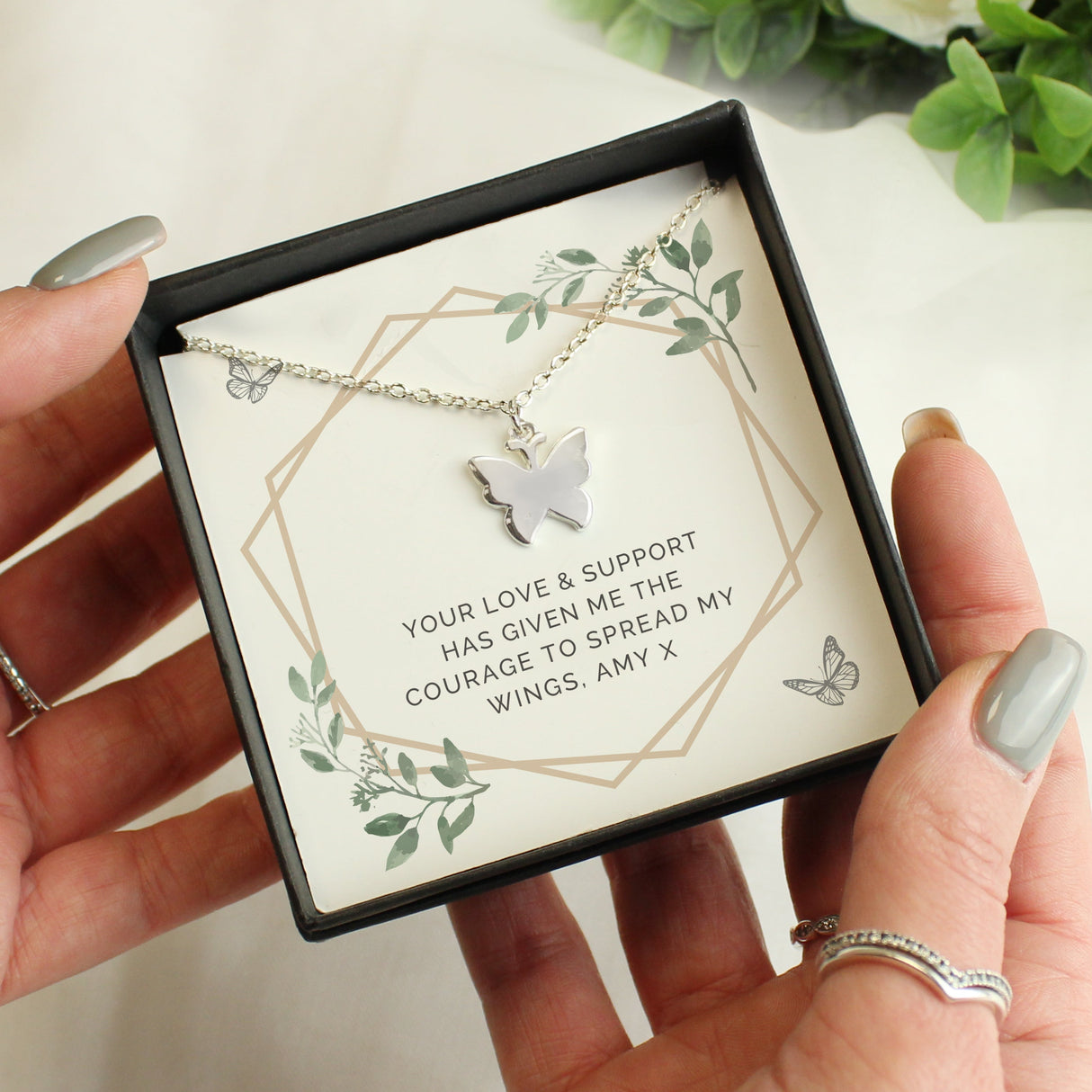 Personalised Botanical Sentiment Butterfly Necklace and Box: 1 - Necklaces By Gift Moments