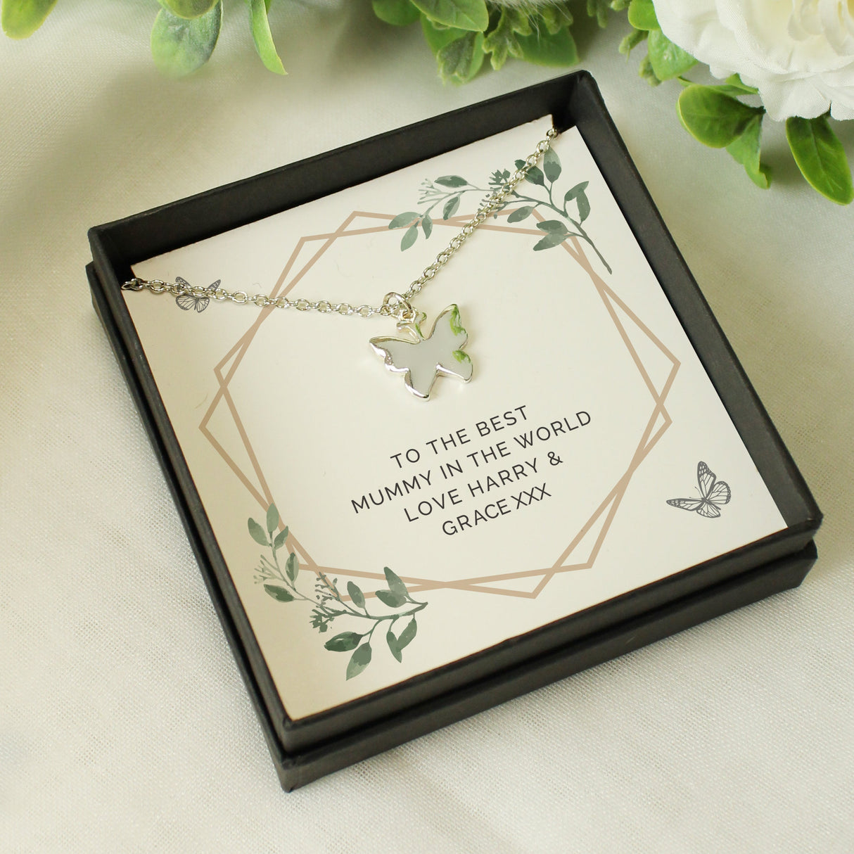 Personalised Botanical Sentiment Butterfly Necklace and Box: 2 - Necklaces By Gift Moments