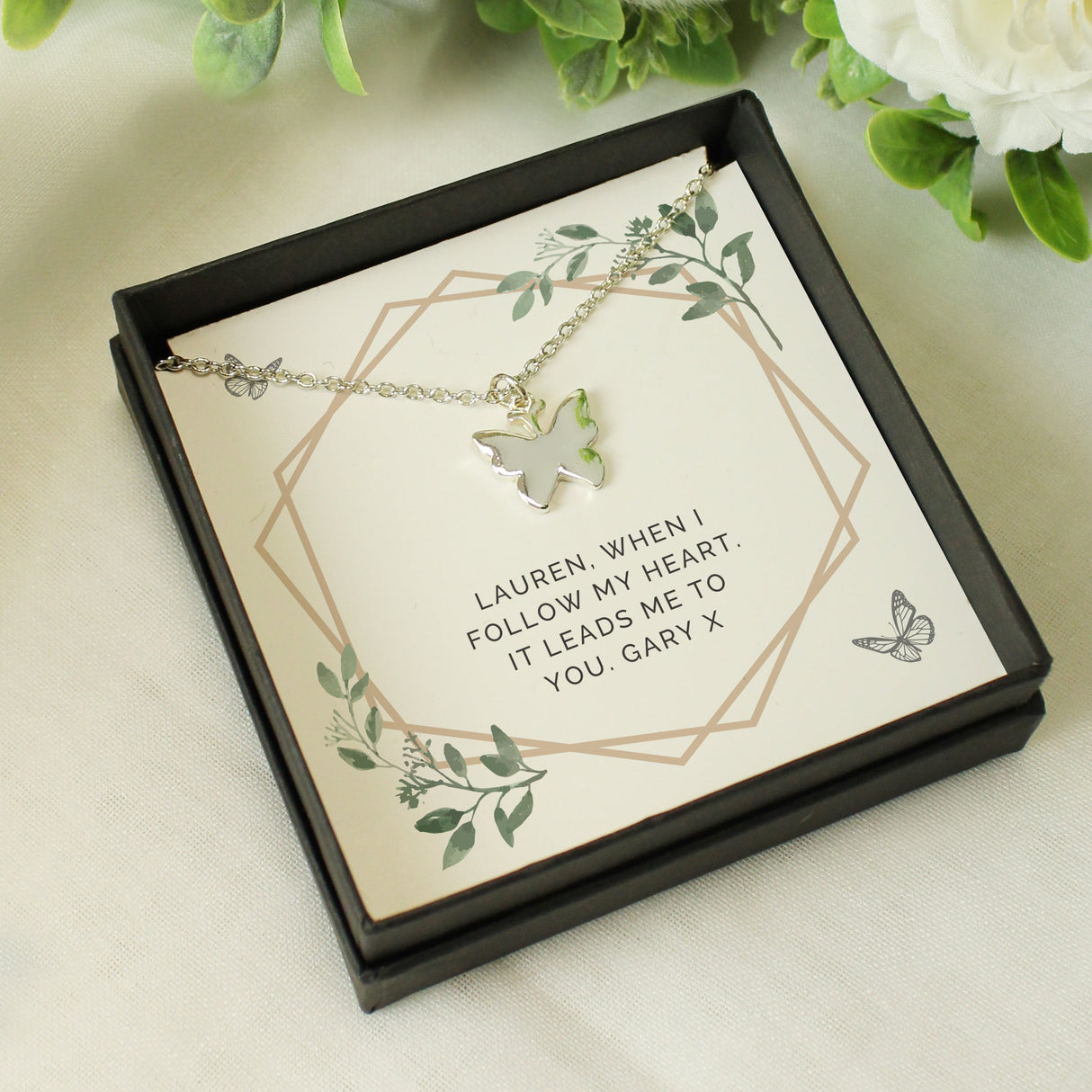 Personalised Botanical Sentiment Butterfly Necklace and Box: 6 - Necklaces By Gift Moments