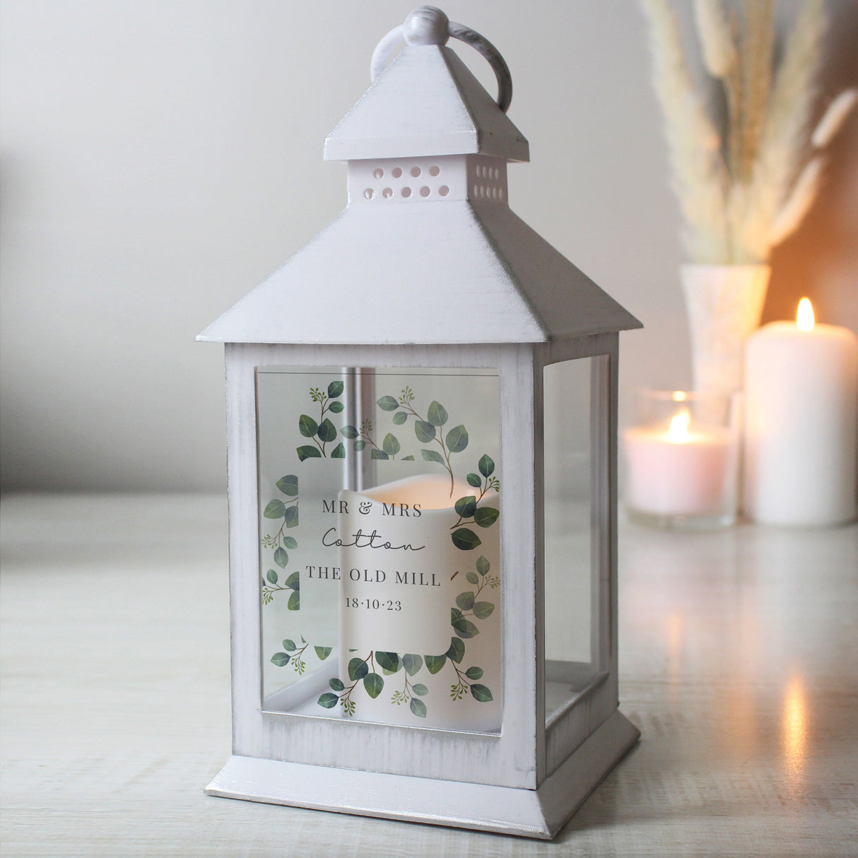 Personalised Botanical White Lantern: 3 - LED Lighting By Gift Moments