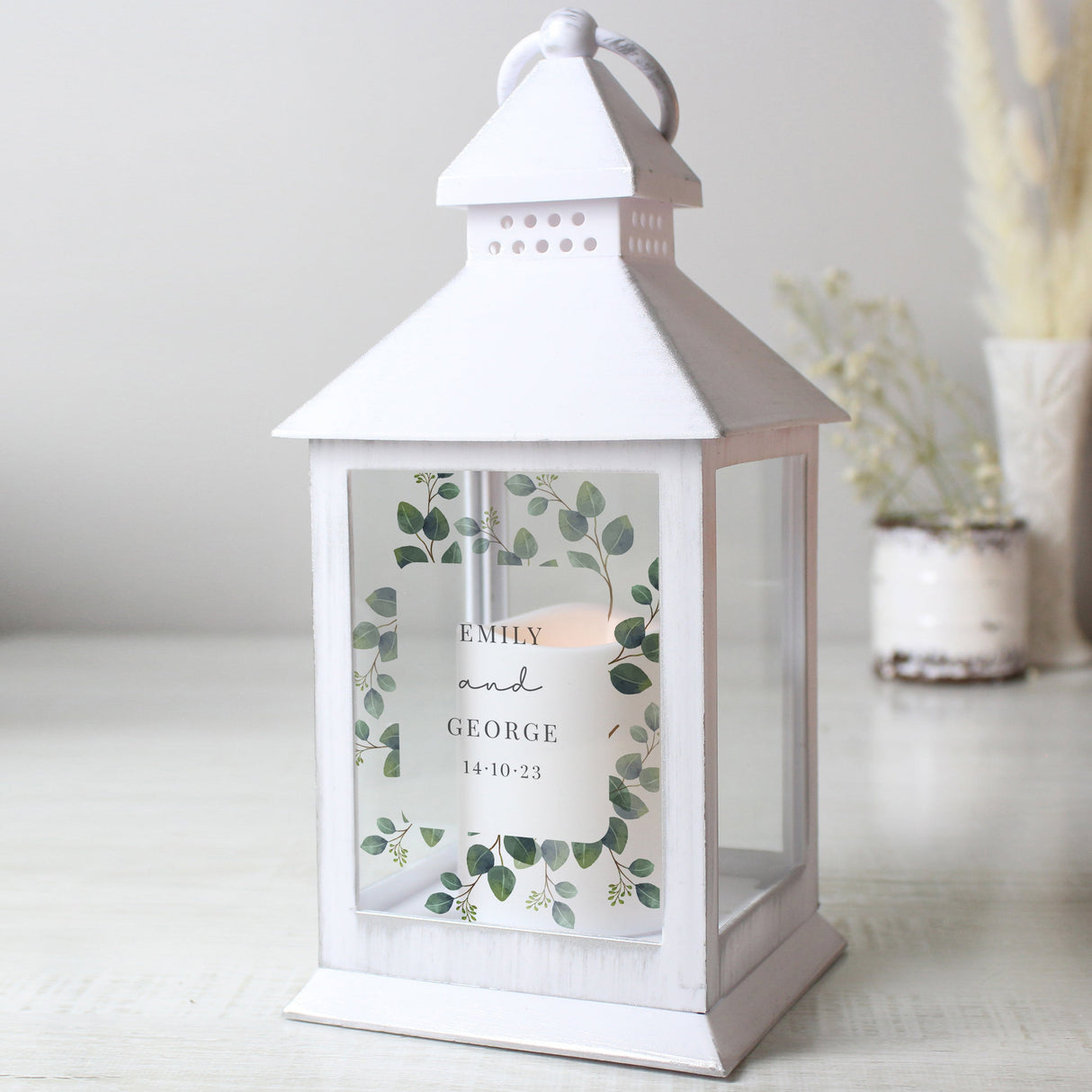 Personalised Botanical White Lantern: 2 - LED Lighting By Gift Moments
