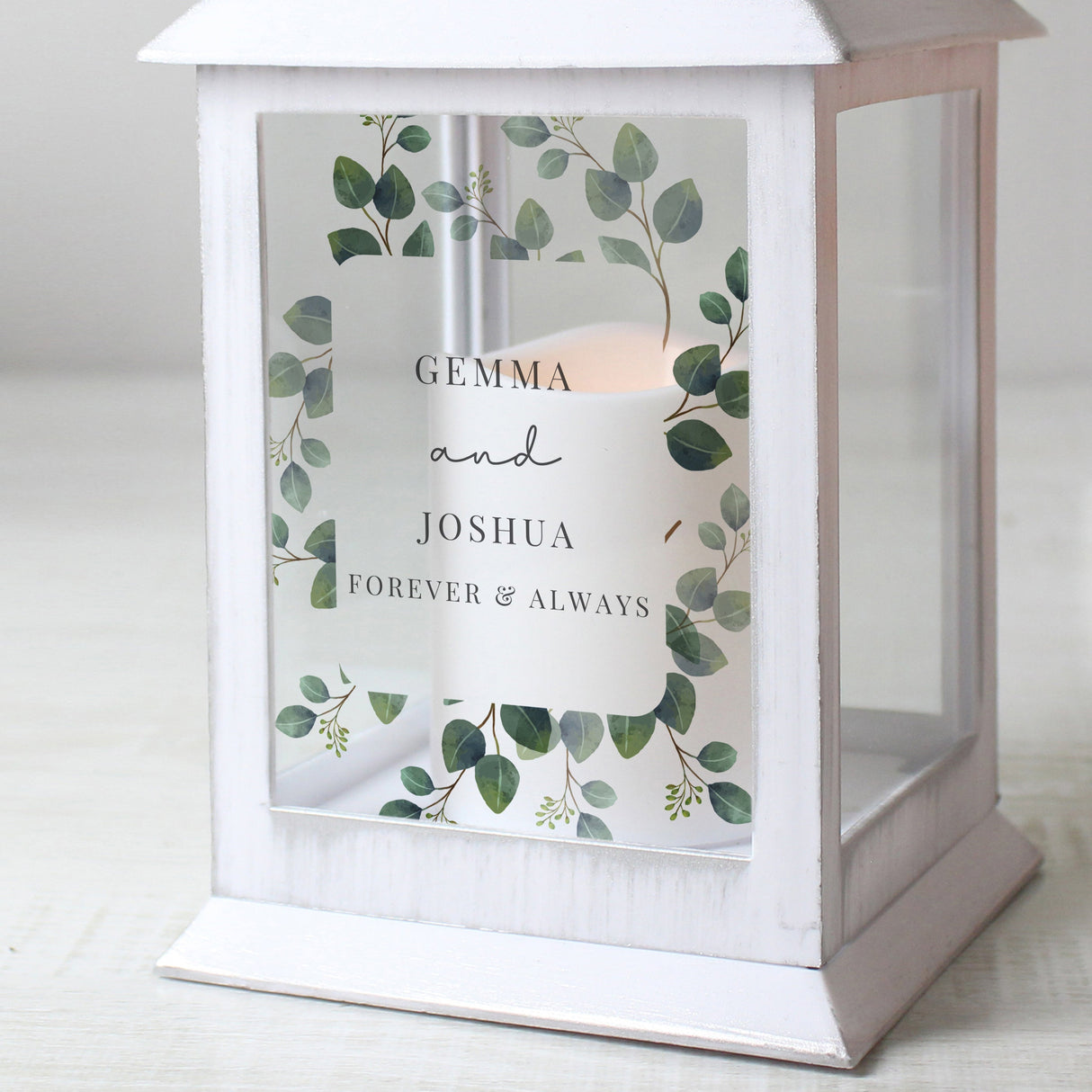 Personalised Botanical White Lantern: 4 - LED Lighting By Gift Moments