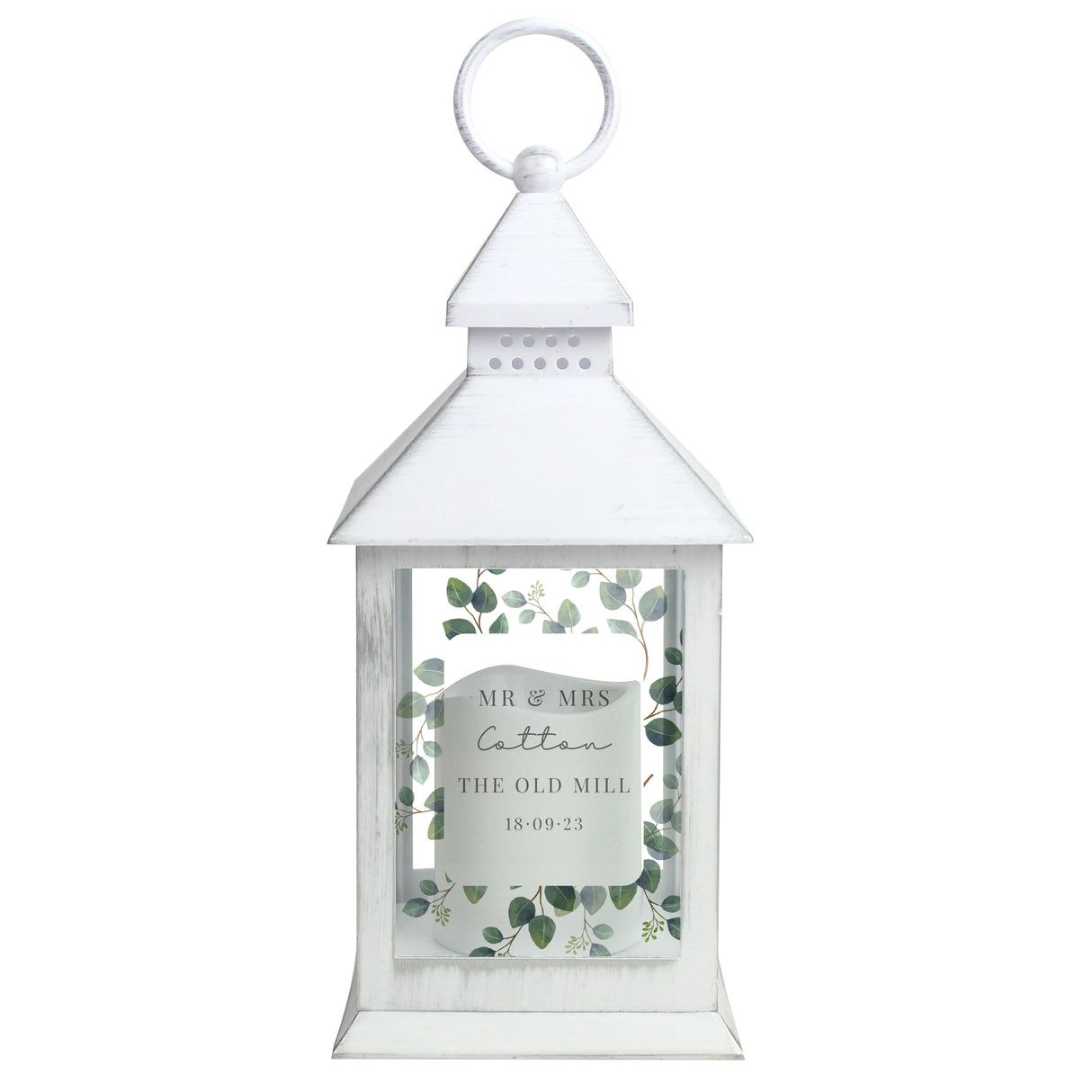 Personalised Botanical White Lantern: 5 - LED Lighting By Gift Moments