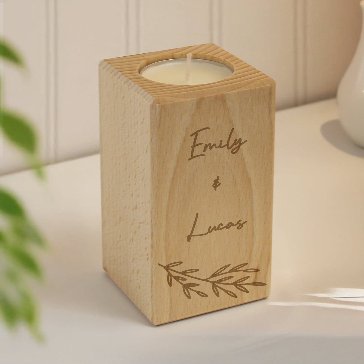 Personalised Botanical Wooden Tealight Holder: 4 - Candle Holders By Gift Moments