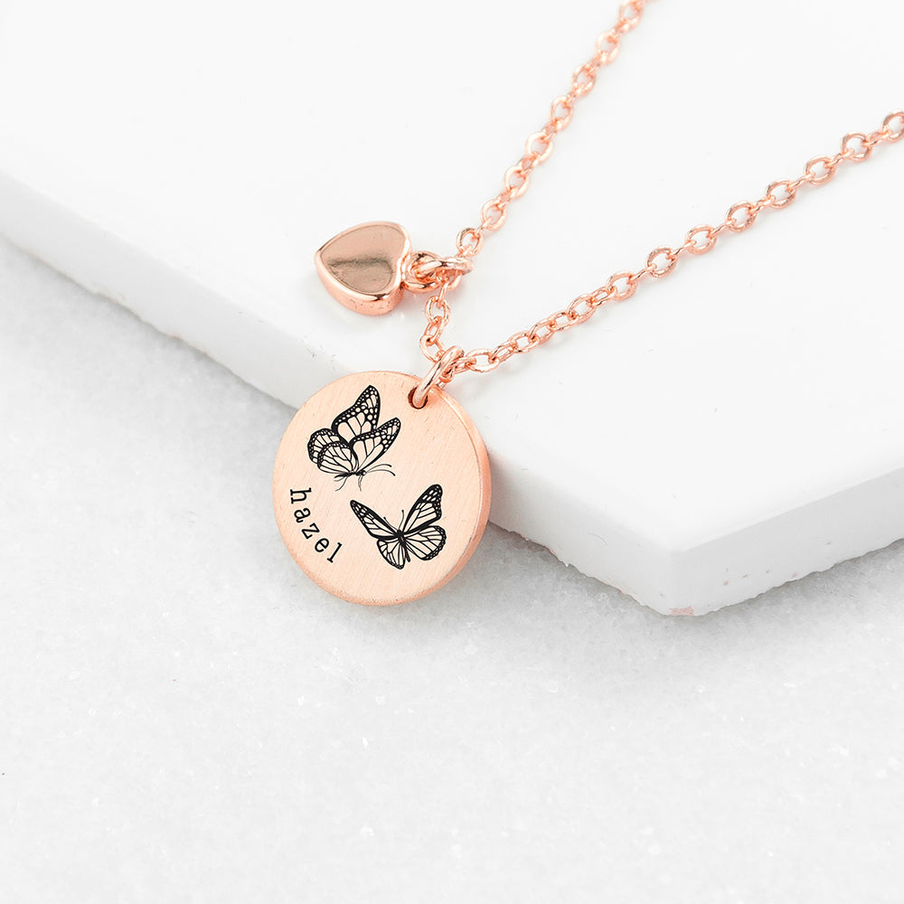 Personalised Butterfly Dance Matte Heart & Disc Necklaces: 3 - Rose Gold - Necklaces By Gift Moments