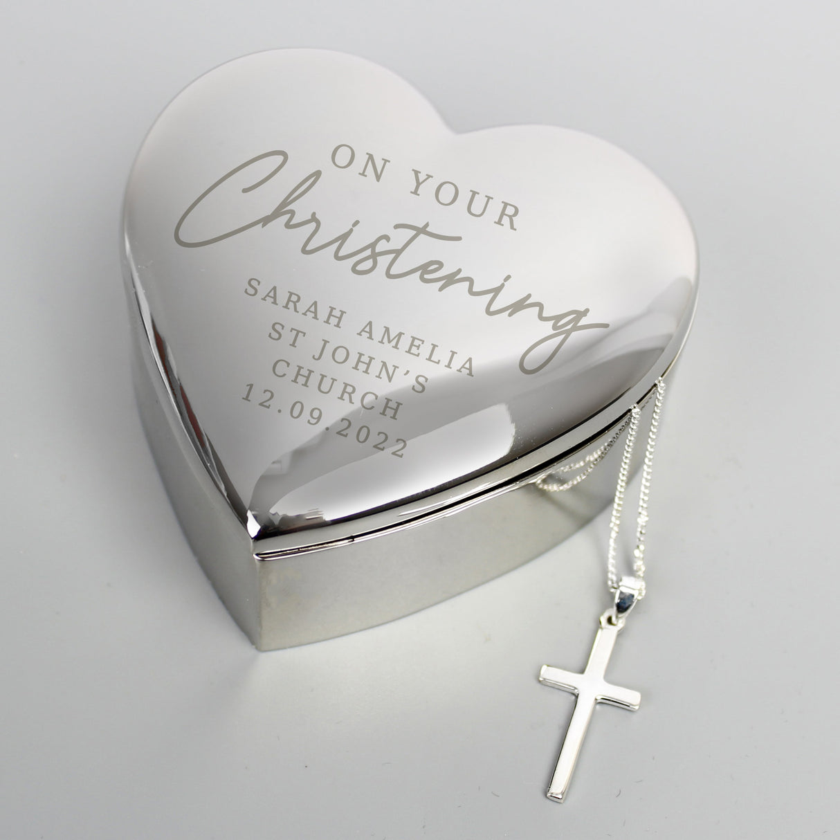 Personalised Christening Heart Trinket Box & Cross Necklace Set: 1 - Necklaces By Gift Moments