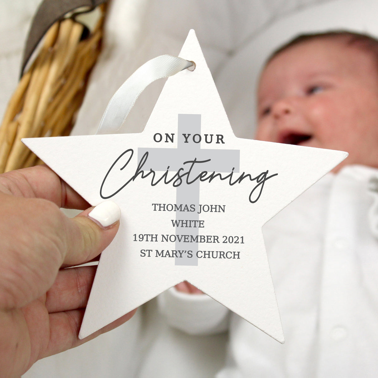 Personalised On Your Christening Wooden Star Decoration - Shop Decorations At Gift Moments - 1